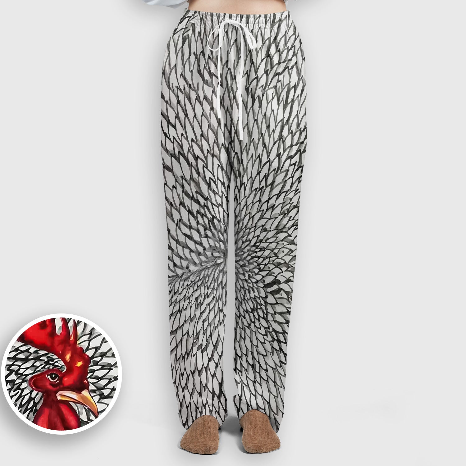 Watercolor Rooster Feather Pattern Scrub Set, Scrub Pants and V Neck Top