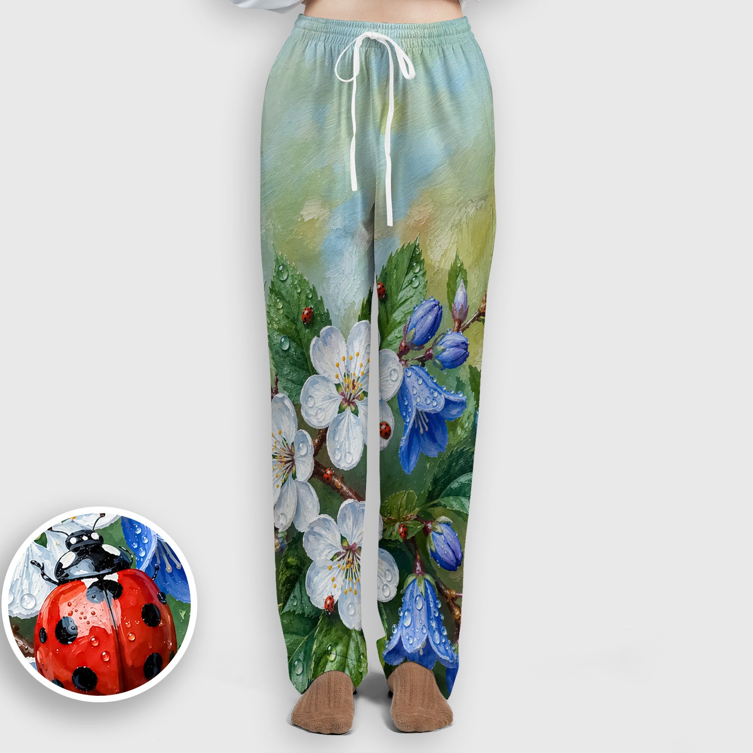 Cute Ladybug Blossom Garden Pattern Scrub Set, Scrub Pants and V Neck Top