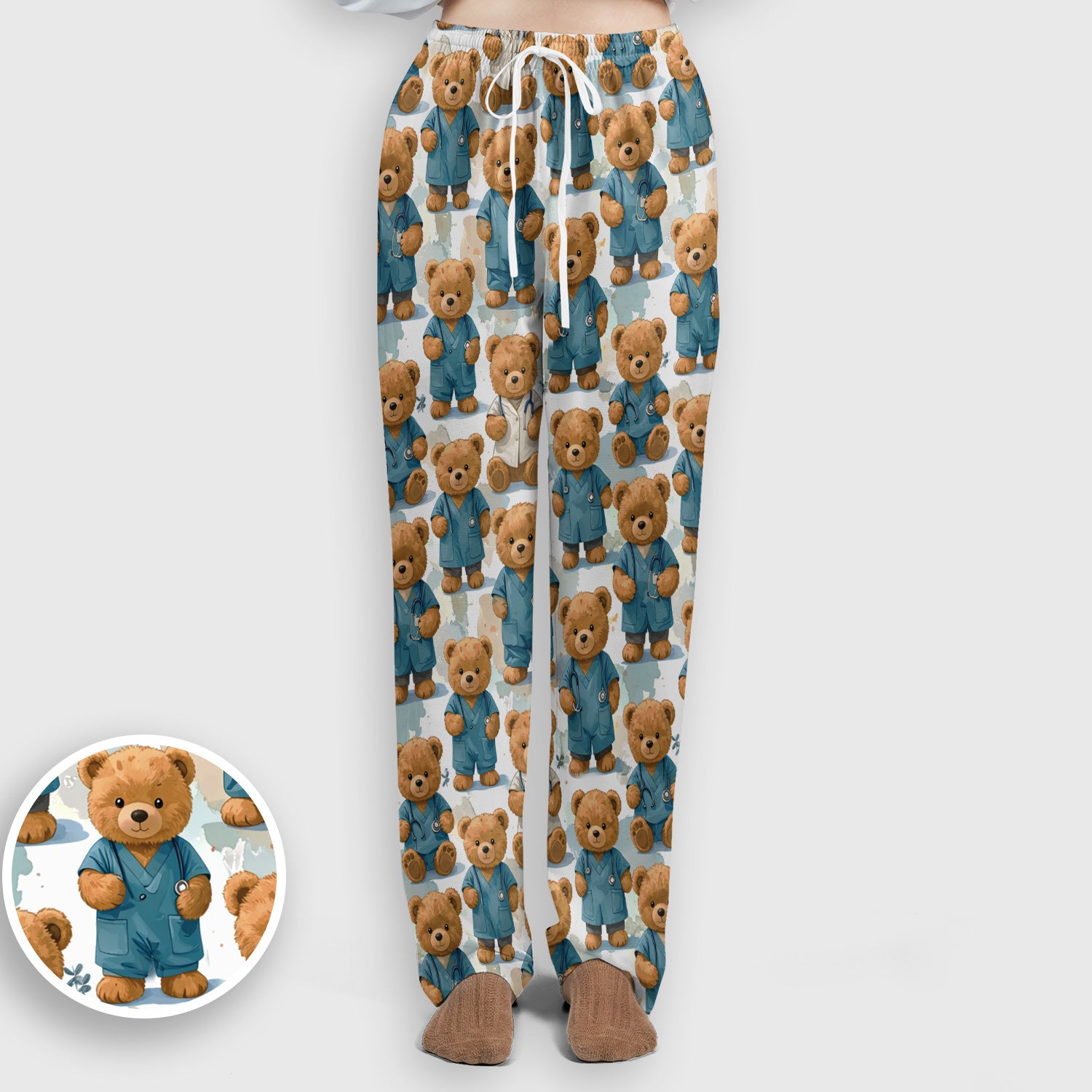 Teddy Bear Doctor Character Pattern Scrub Set, Scrub Pants and V Neck Top