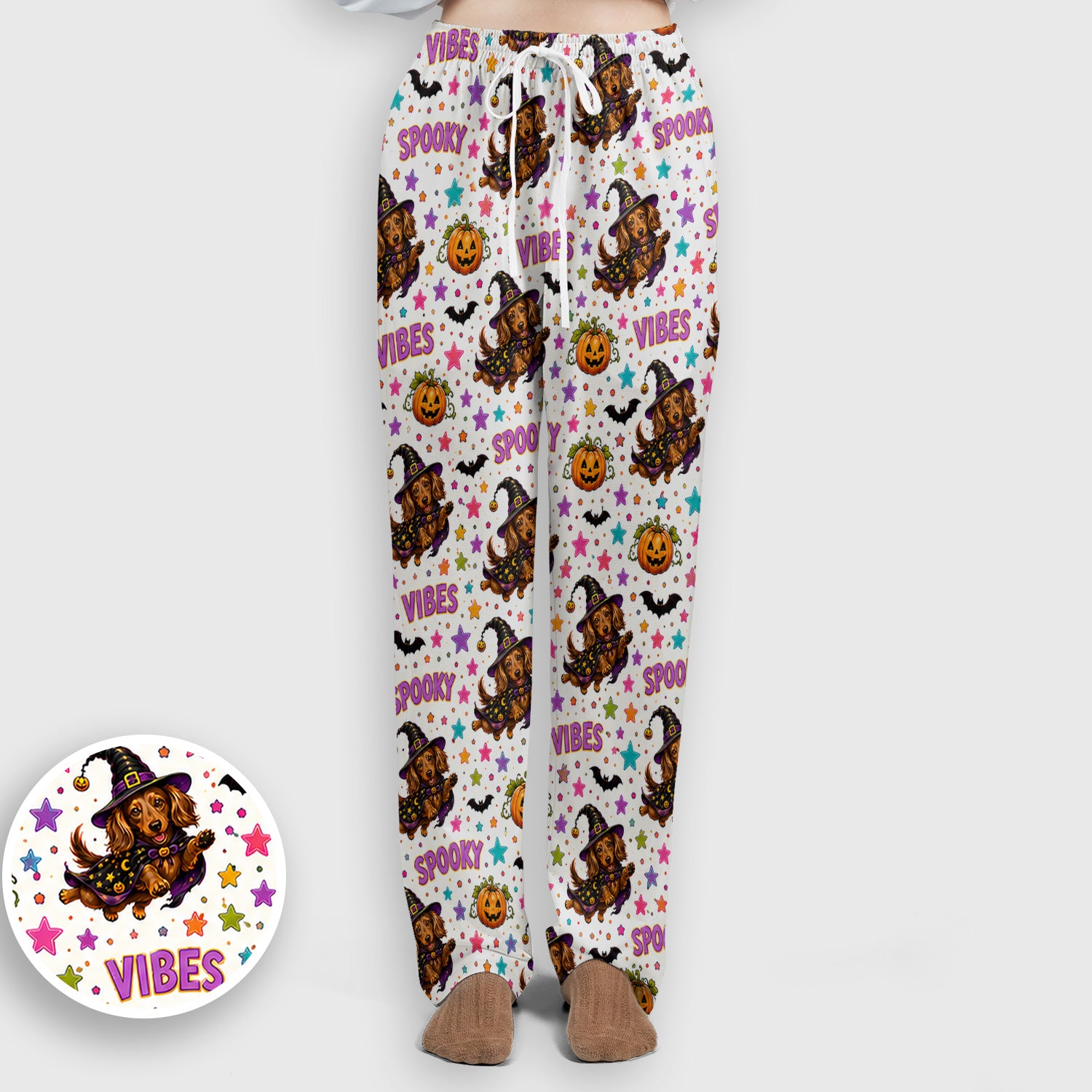 Spooky Dachshund Vibes Print Scrub Set, Scrub Pants and V Neck Top