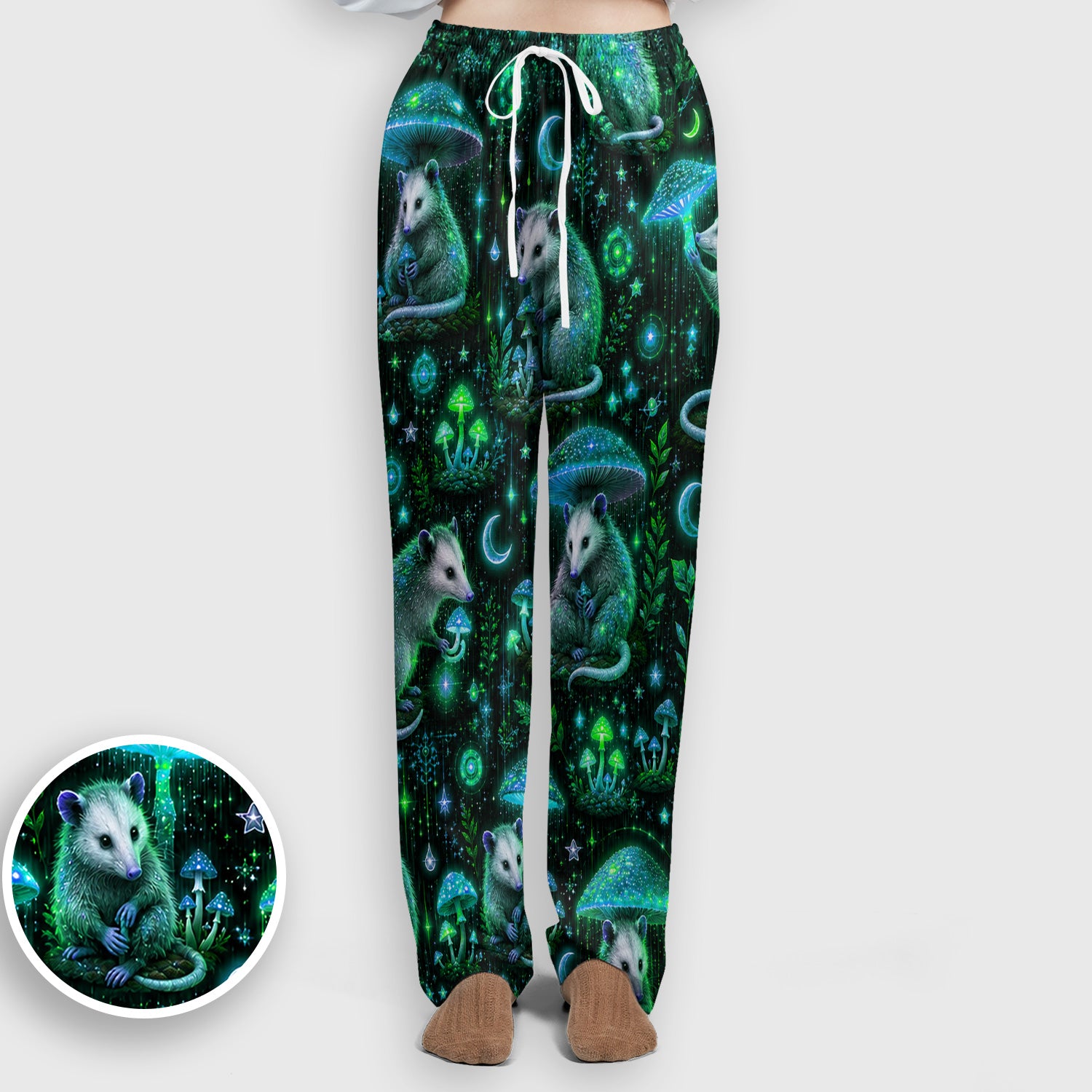 Moonlit Opossum Mushroom Pattern Scrub Set, Scrub Pants and V Neck Top