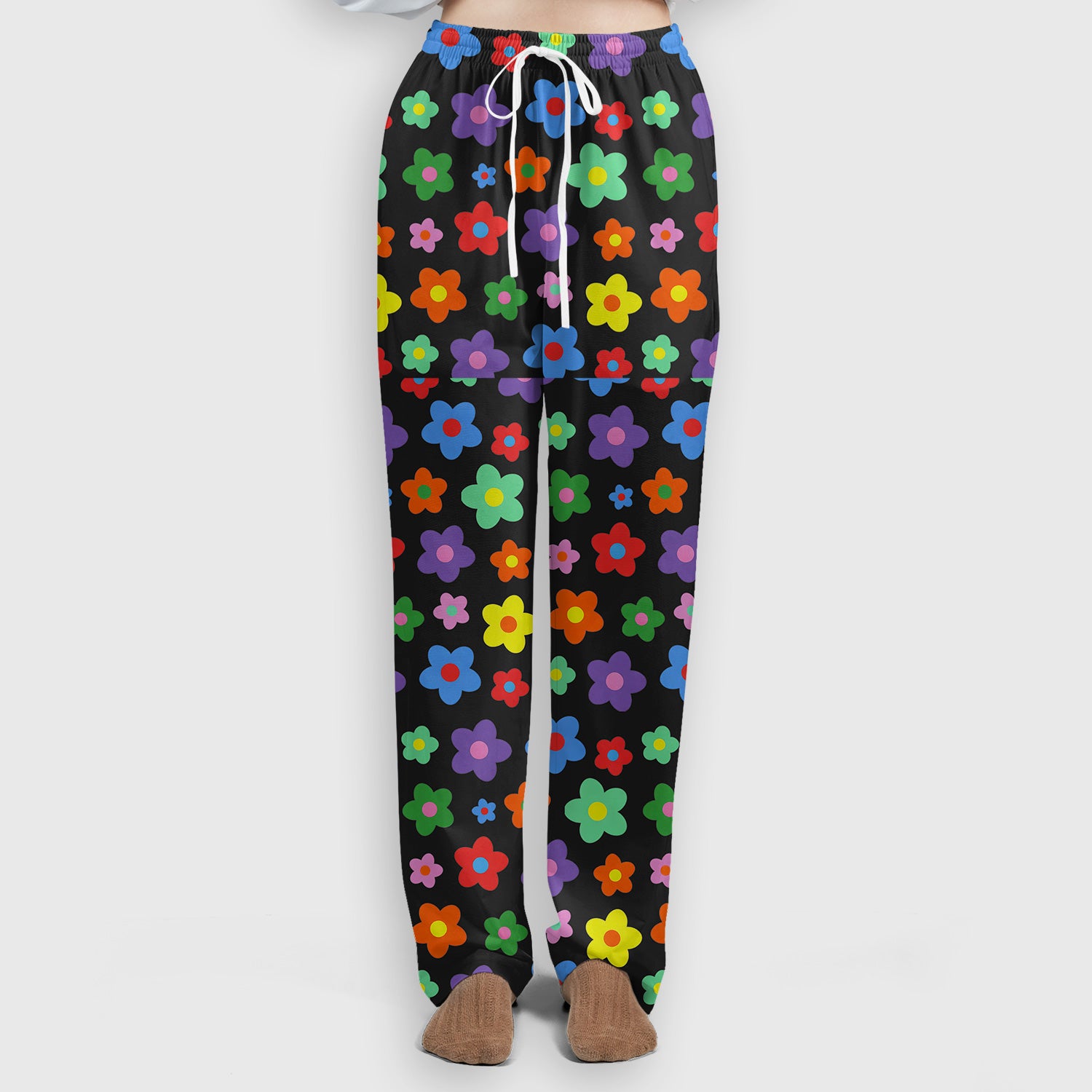 Colorful Retro Flower Pattern Print Scrub Set, Scrub Pants and V Neck Top