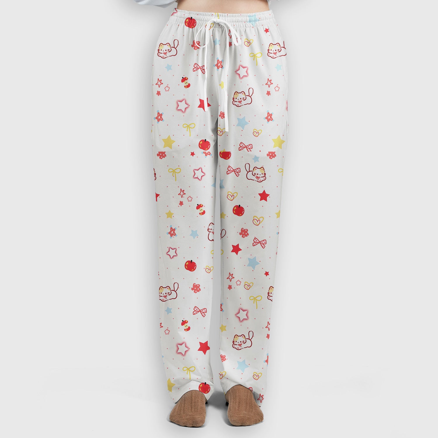 Cute Kawaii Cat Bow Star Pattern Scrub Set, Scrub Pants and V Neck Top