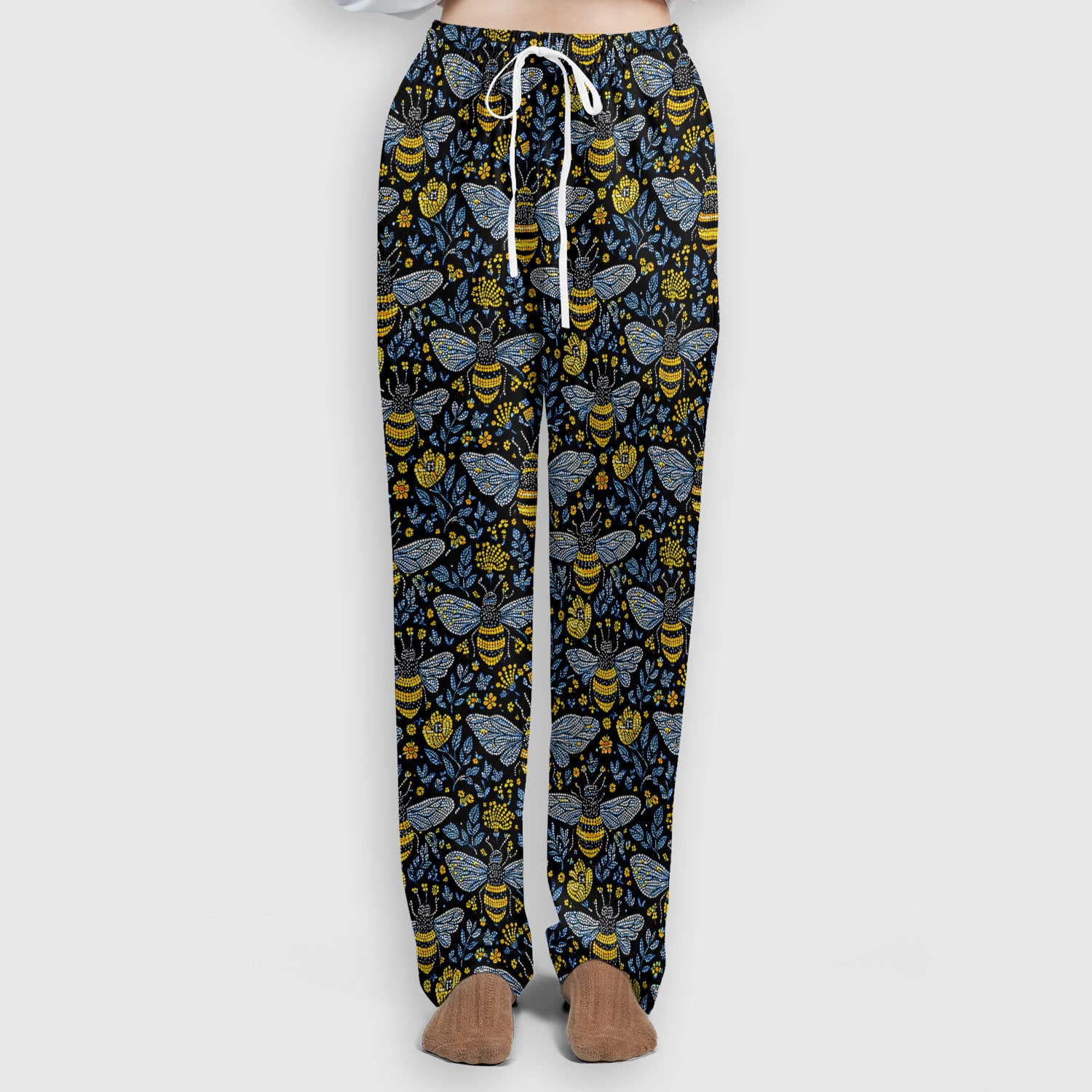 Honey Bee And Wildflower Garden Pattern Scrub Set, Scrub Pants and V Neck Top