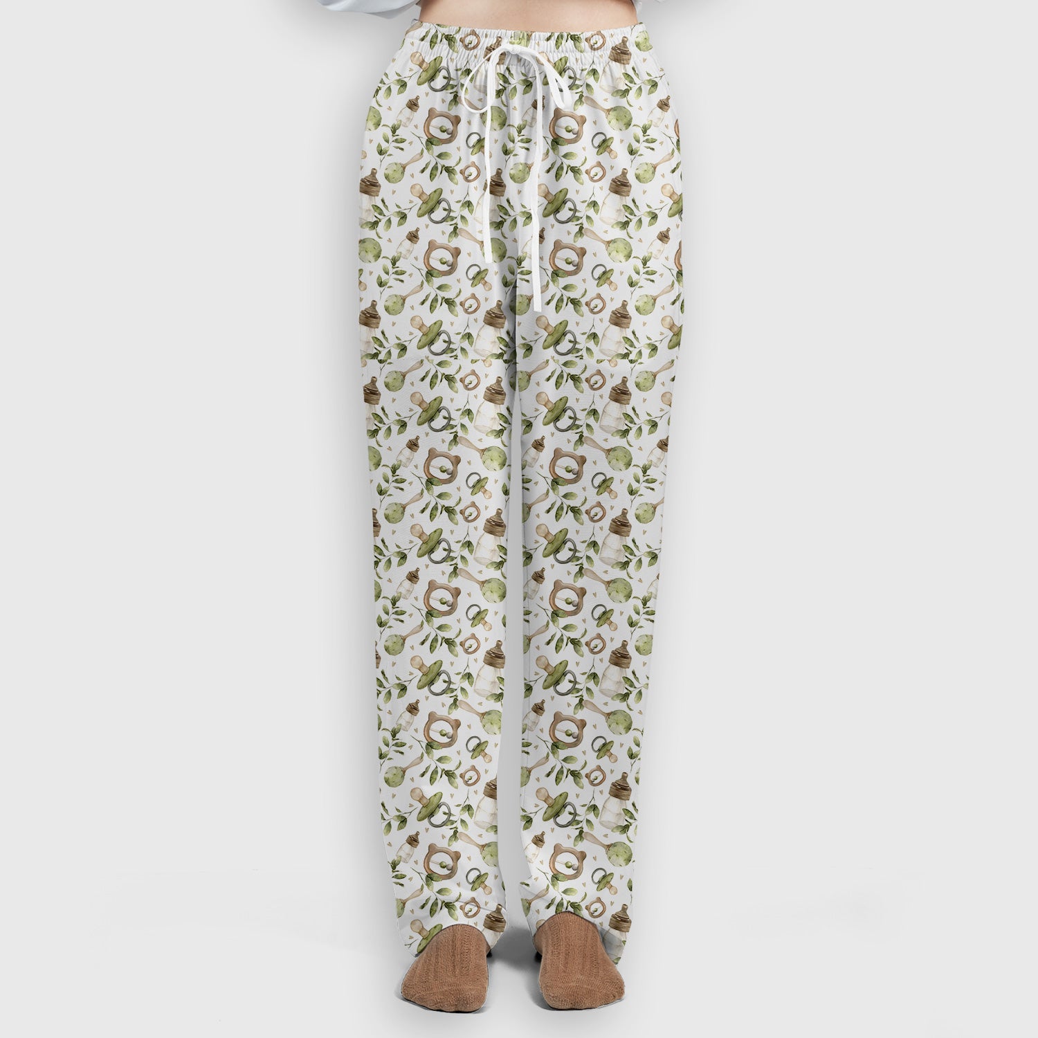 Cute Baby Bottle and Greenery Pattern Scrub Set, Breathable Med Uniform