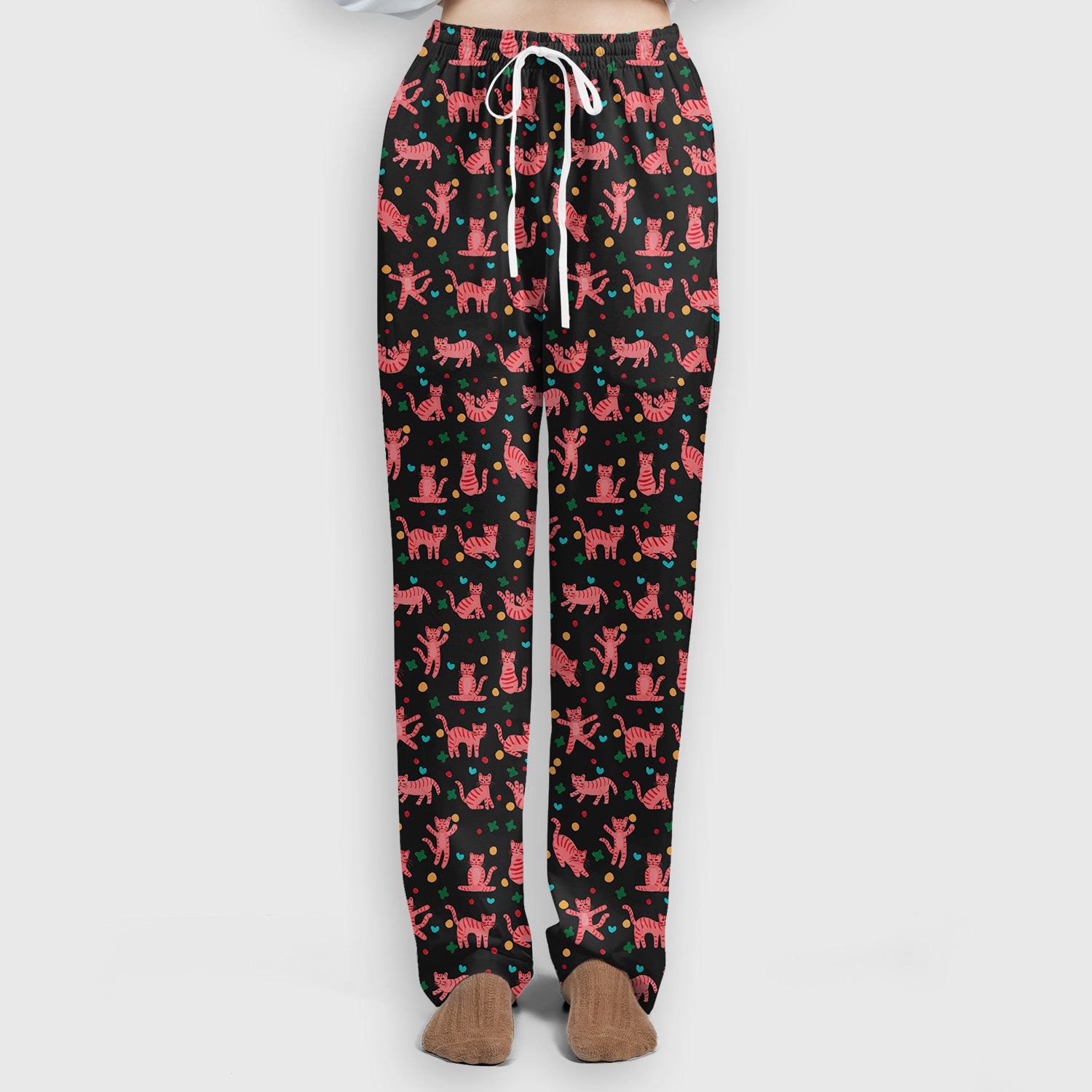 Cute Pink Cat Pattern Women's Scrub Sets, Scrub Pants and V Neck Top