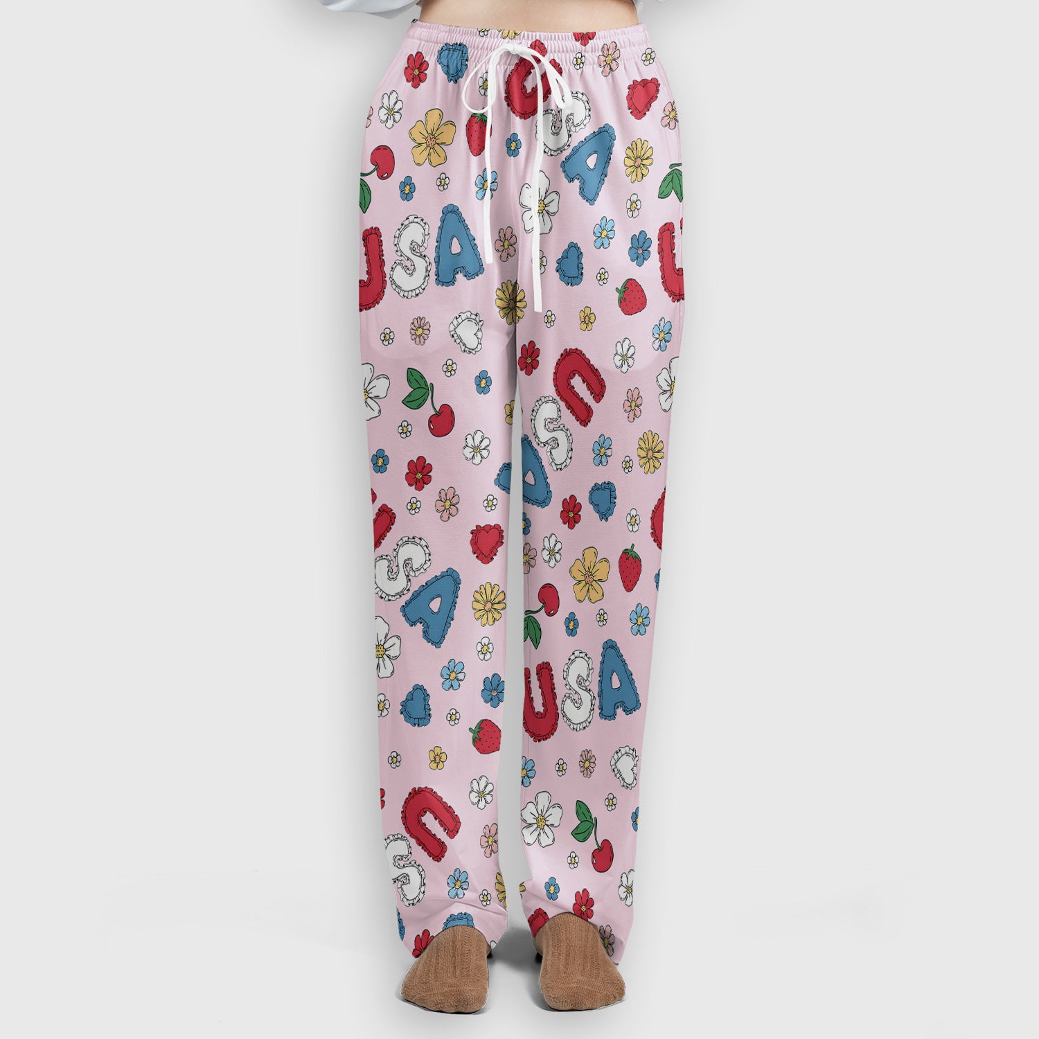 USA Cherry Strawberry Floral Patch Pattern Scrub Set, Scrub Pants and V Neck Top