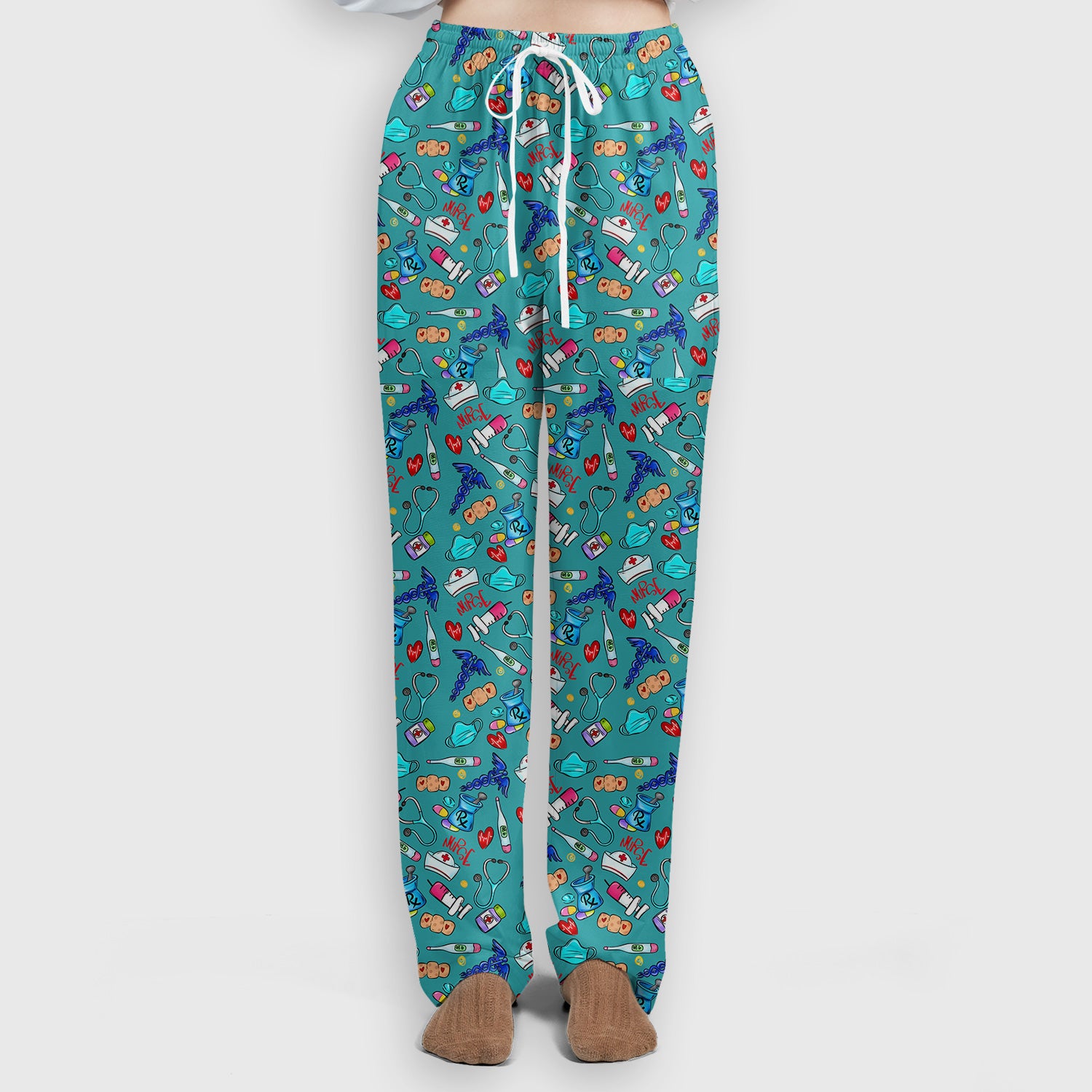 Nurse Medical Icons Stethoscope Heart Pattern Scrub Set, Scrub Pants and V Neck Top