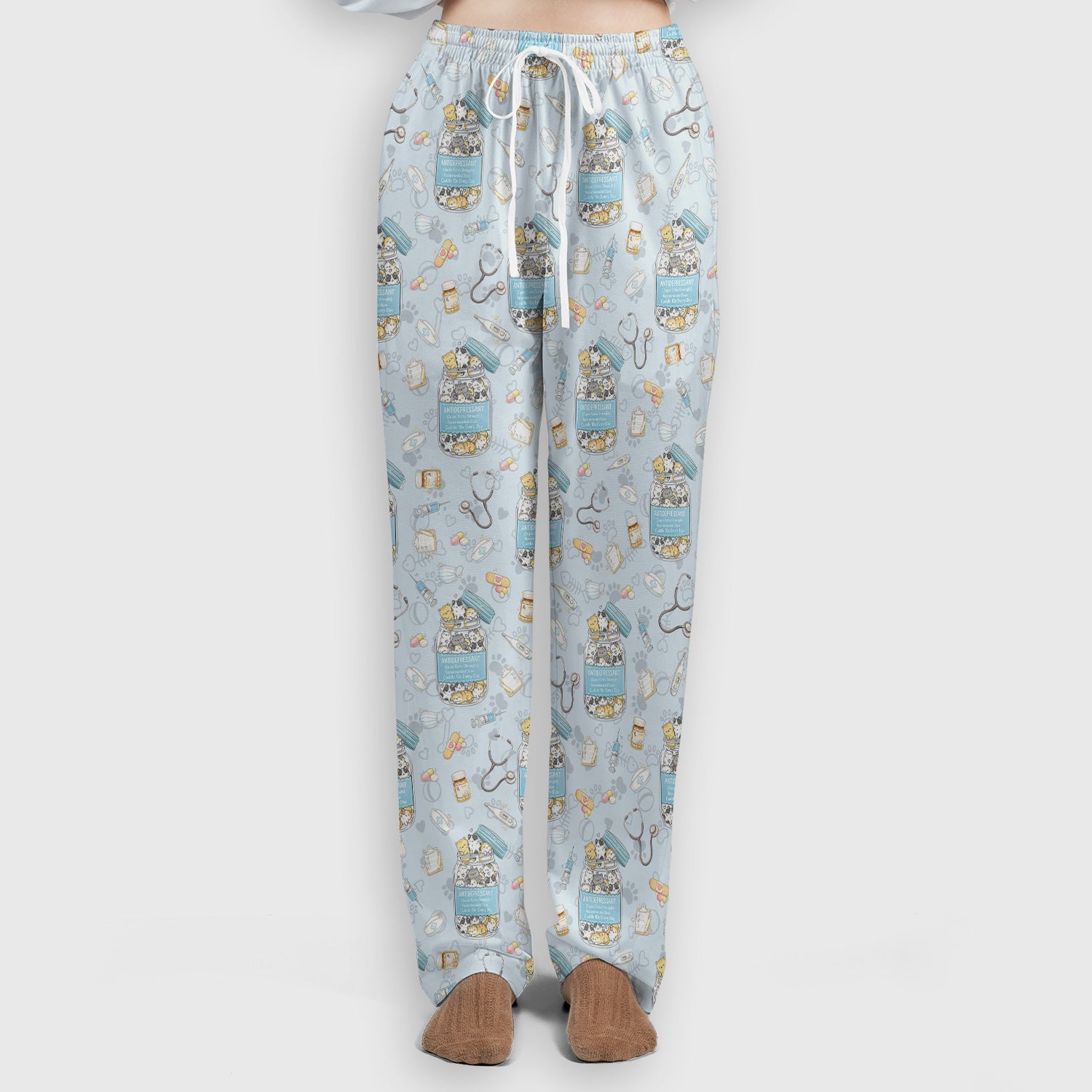 Cute Antidepressant Cat Jar Print Women's Scrub Set, Breathable Med Uniform