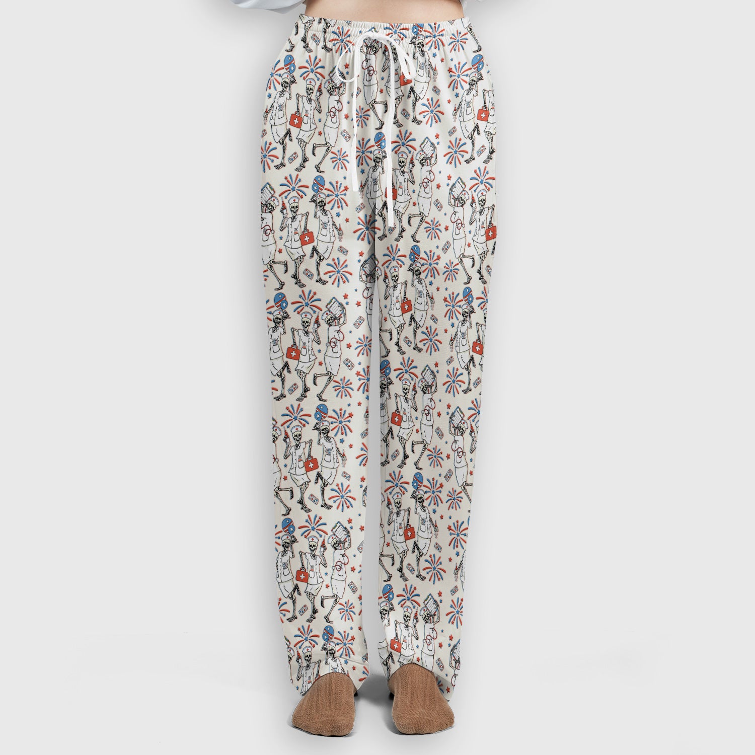 Funny Skeleton Nurse Patriotic Print Scrub Set, Scrub Pants and V Neck Top