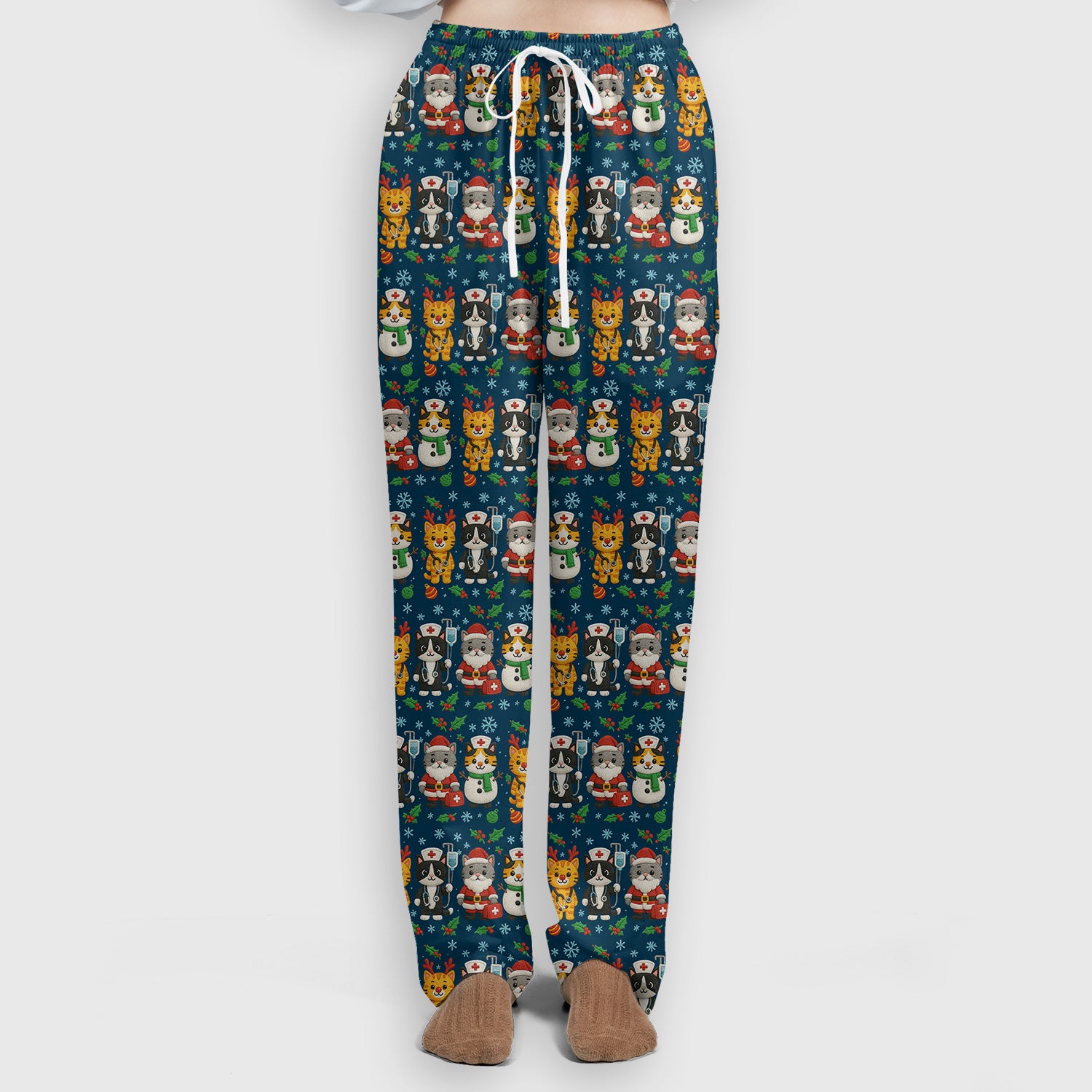 Christmas Cat Nurse Pattern Scrub Set, Cute Holiday Kitty Medical Uniform Shirt For Nursing