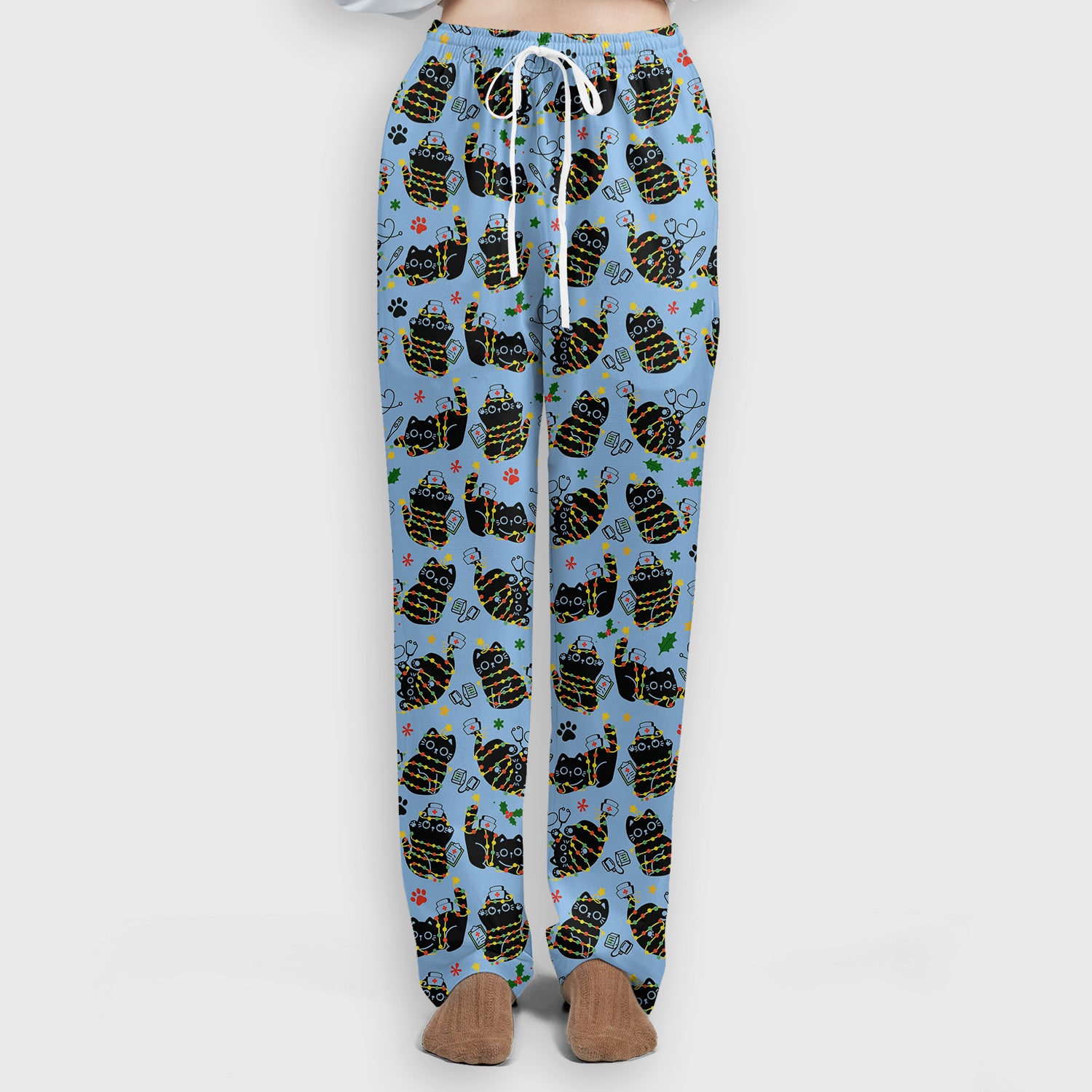 Black Cat Christmas Scrub Set – Nurse & Holiday Lights Pattern Shirt – Cute Medical Uniform For Nursing