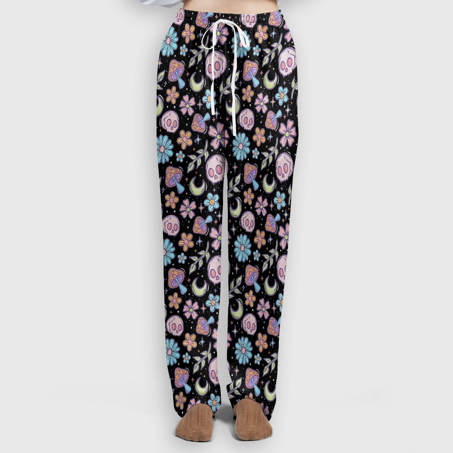 Neon Skull Mushroom Floral Scrub Set, Colorful Gothic Scrub Pants and V Neck Top