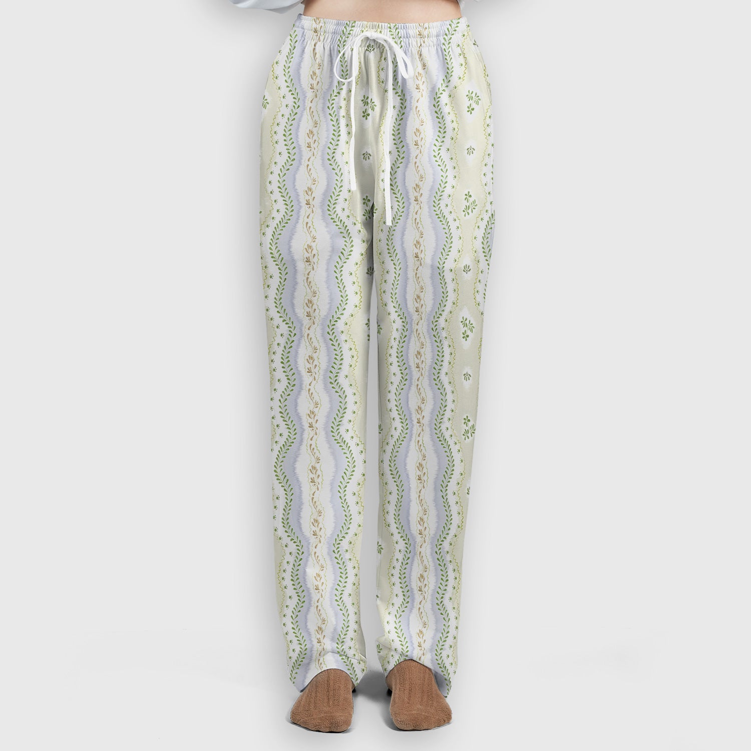 Wavy Stripe Botanical Pattern Scrub Set, Scrub Pants and V Neck Top