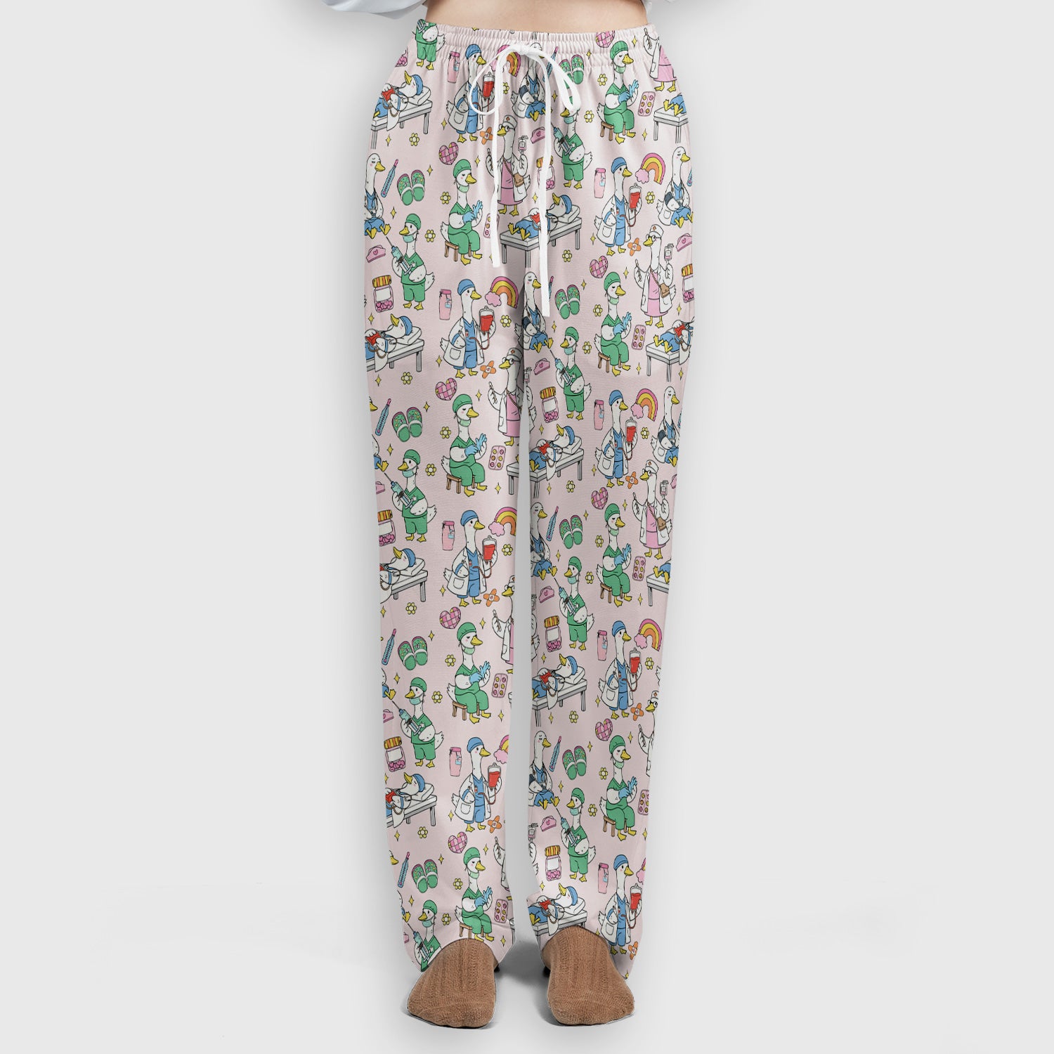 Funny Nurse Duck Medical Doodle Pattern Scrub Set, Scrub Pants and V Neck Top