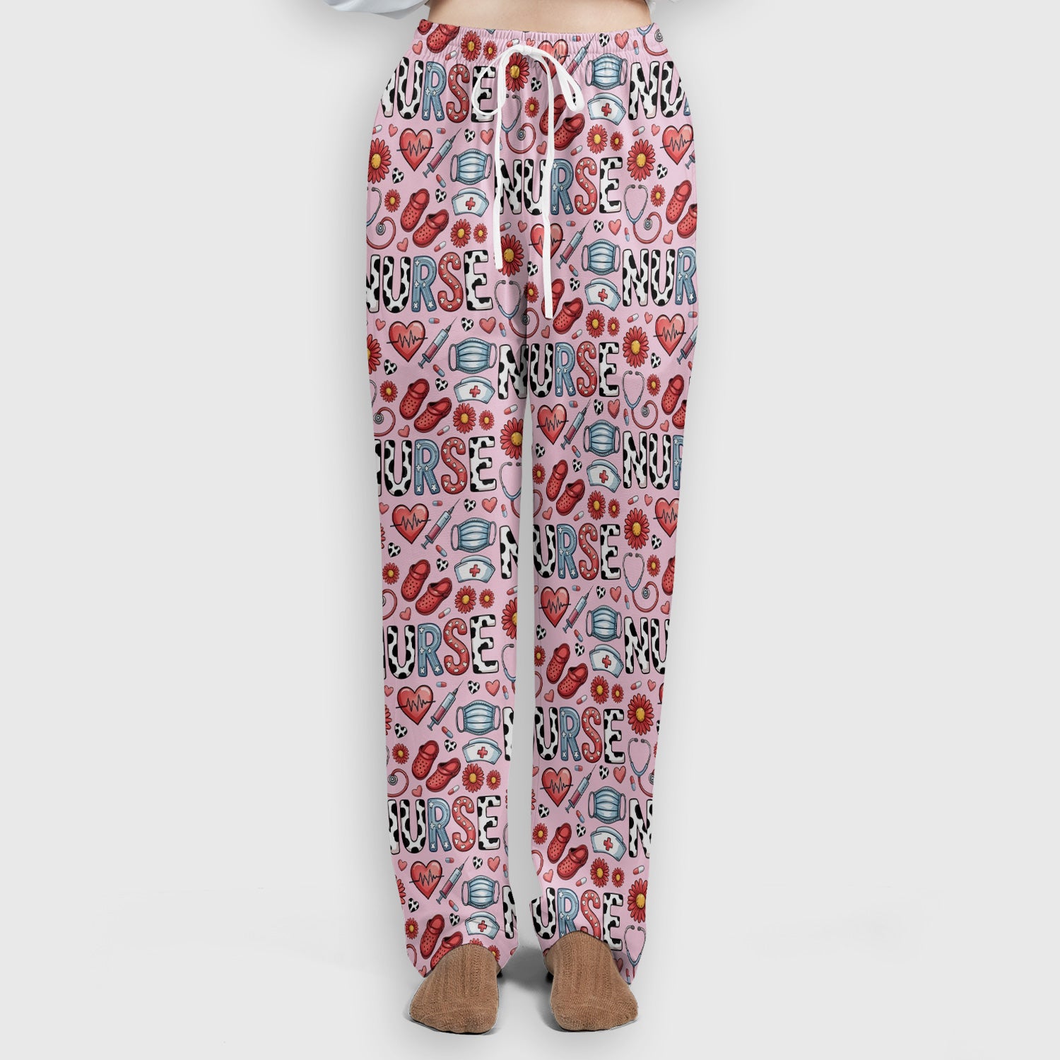 Cute Nurse Medical Icon Pattern Scrub Set, Scrub Pants and V Neck Top