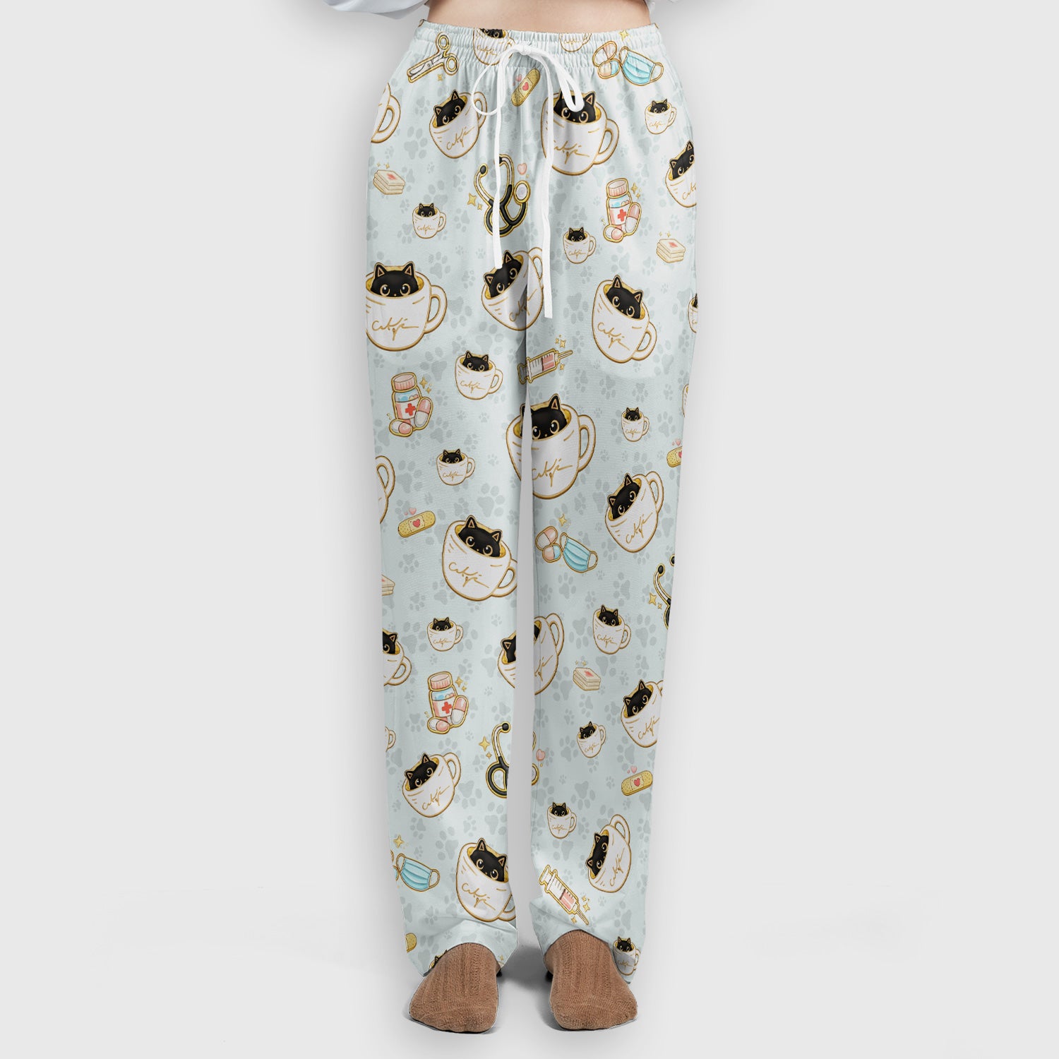 Cute Coffee Cat Medical Print Scrub Set, Scrub Pants and V Neck Top