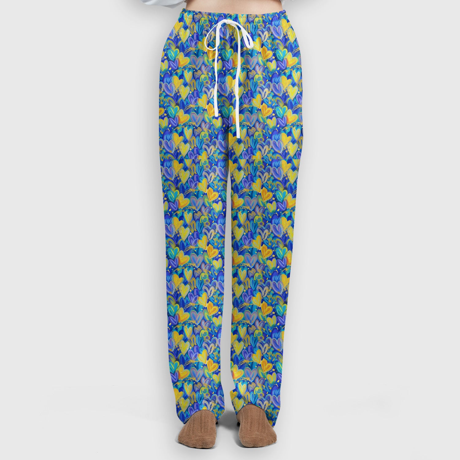 Blue and Yellow Layered Heart Pattern Print Scrub Set, Scrub Pants and V Neck Top