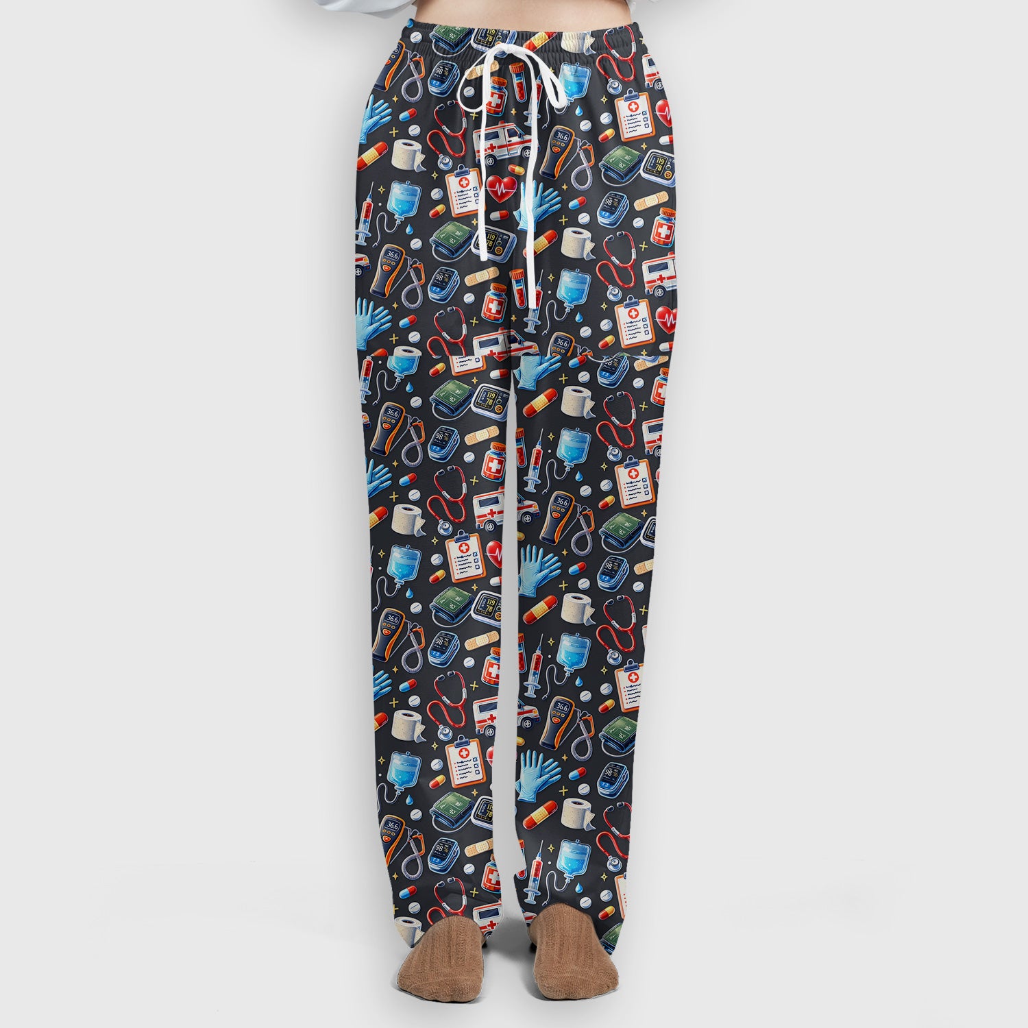 Medical Tools Pattern Ambulance Stethoscope Scrub Set, Scrub Pants and V Neck Top