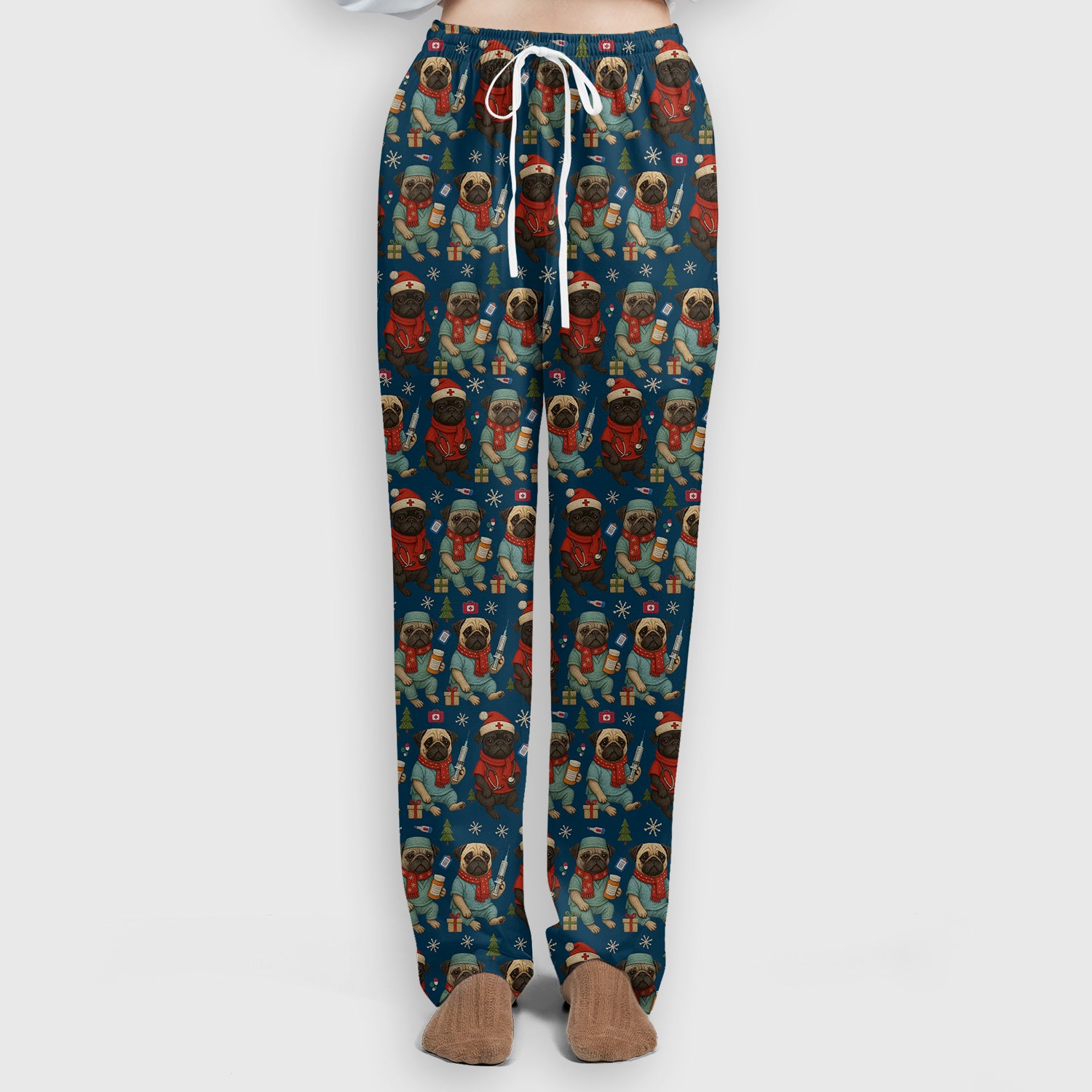 Christmas Pug Nurse Scrub Set, Cute Holiday Dog Medical Uniform Shirt For Nursing