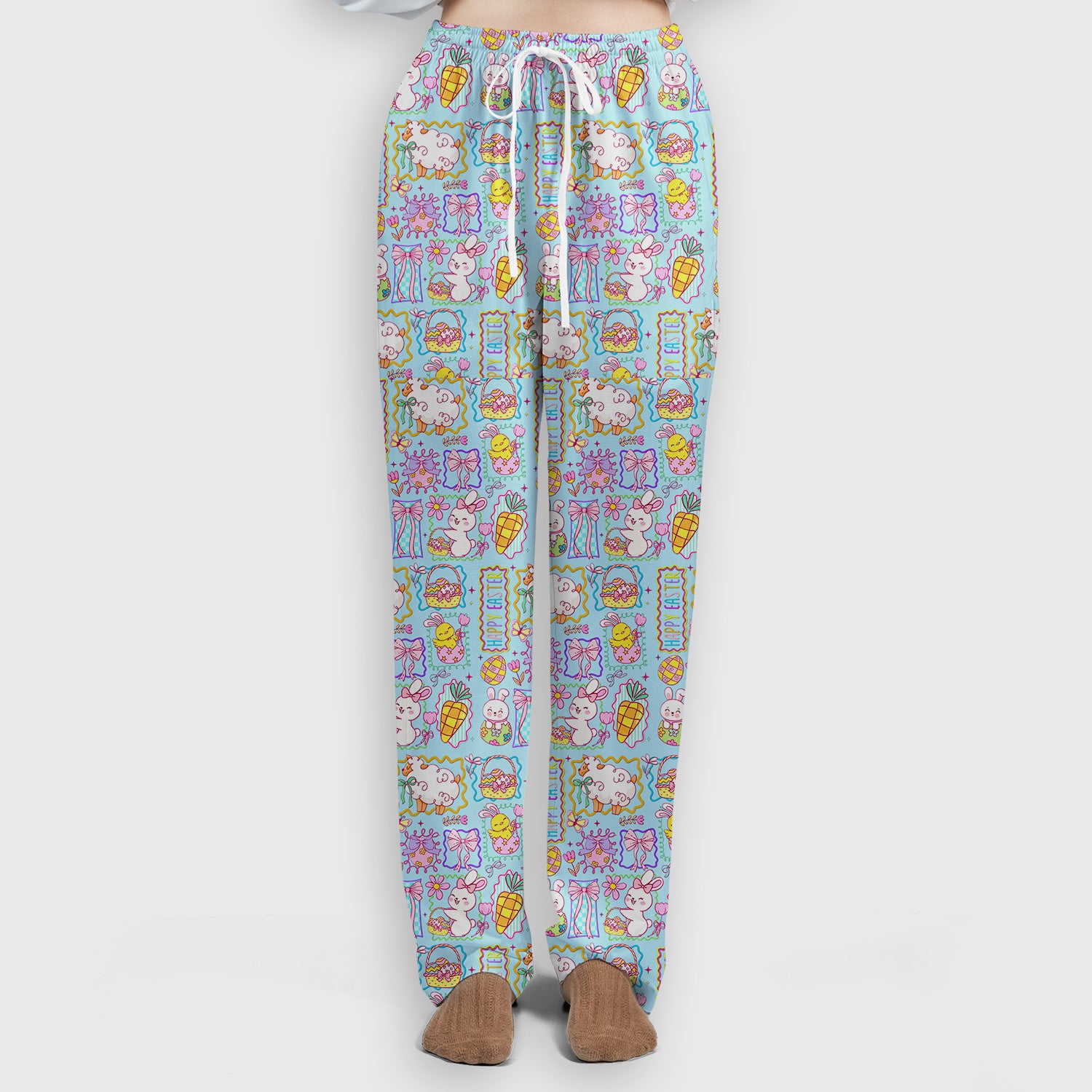 Cute Easter Bunny Egg and Bow Print Scrub Set, Scrub Pants and V Neck Top