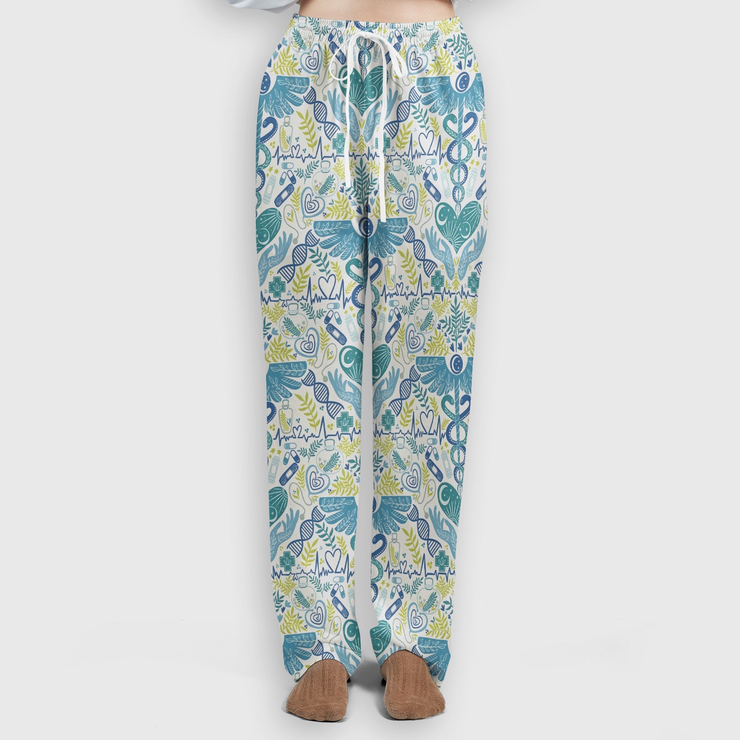 Inspirational Botanical Medical Caduceus Heart Nurse Pattern Scrub Set, Breathable Med Uniform