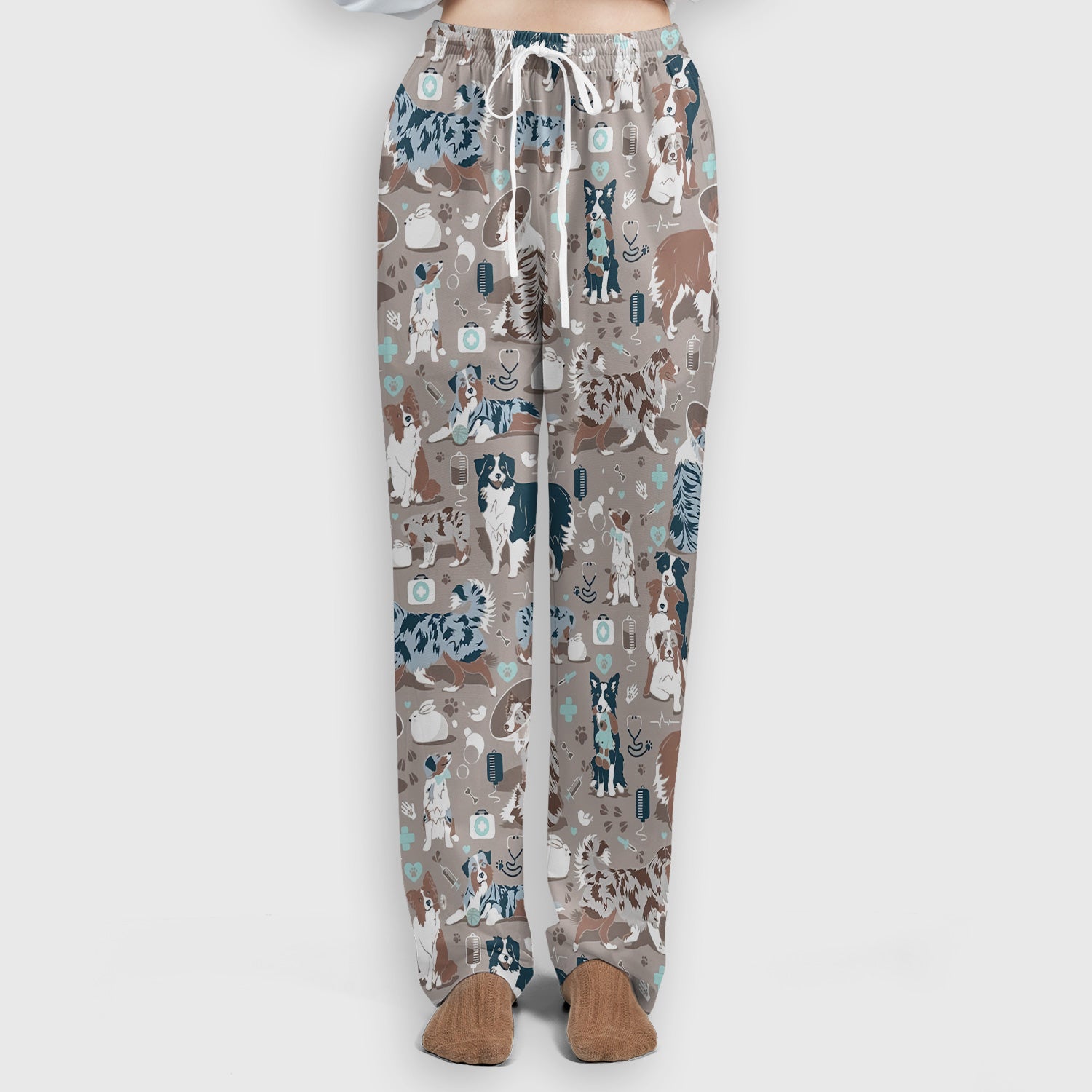 Cute Dog Pattern Women's Veterinary Scrub Set, Scrub Pants and V Neck Top