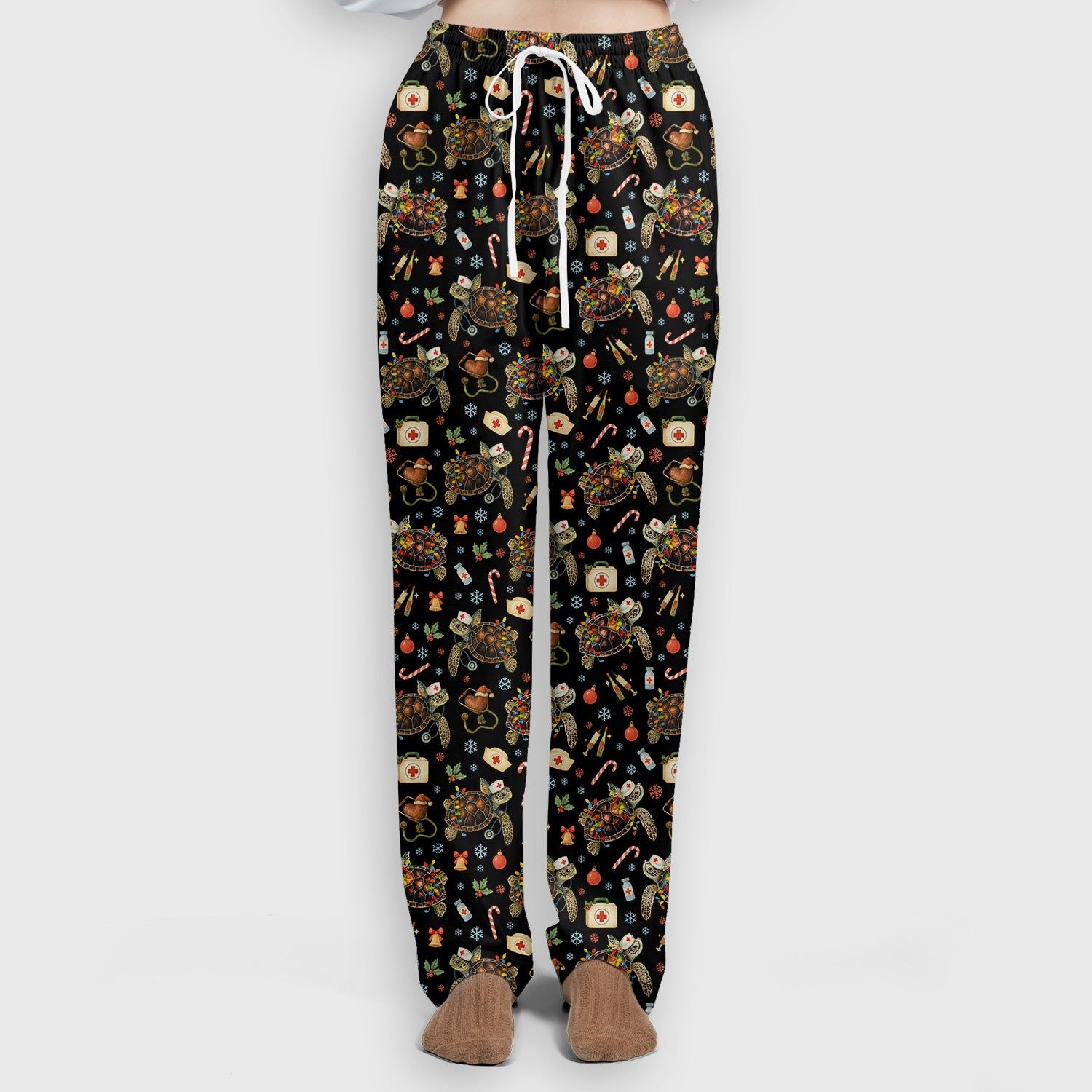 Funny Christmas Scrub Set - Sea Turtle with Xmas Lights Scrubs Pants and V Neck Top - Holiday Nurse Med Uniform for Women
