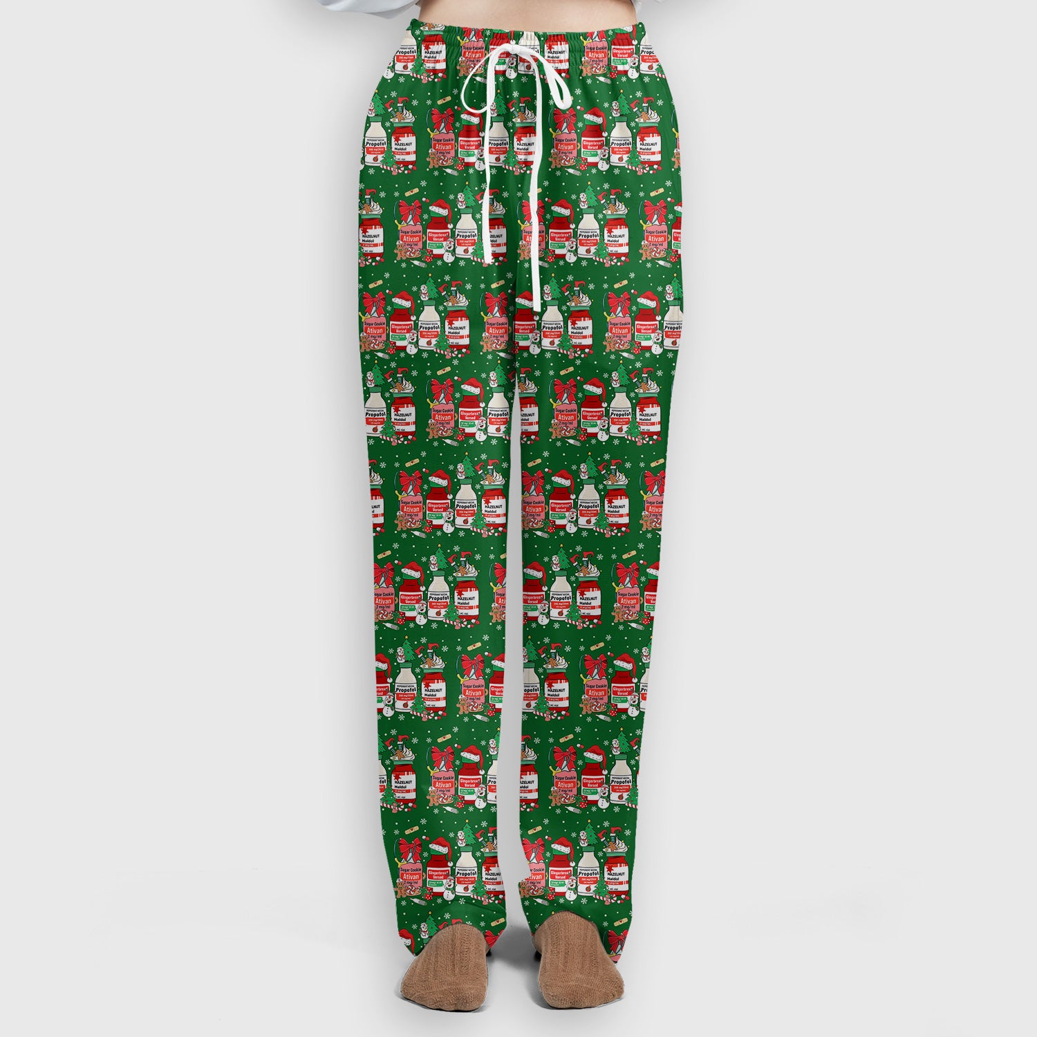 Funny Christmas Medication Scrub Set – Festive Holiday Pharma Bottles Pattern – Playful Medical Uniform for Nurses, Pharmacists & Healthcare Workers