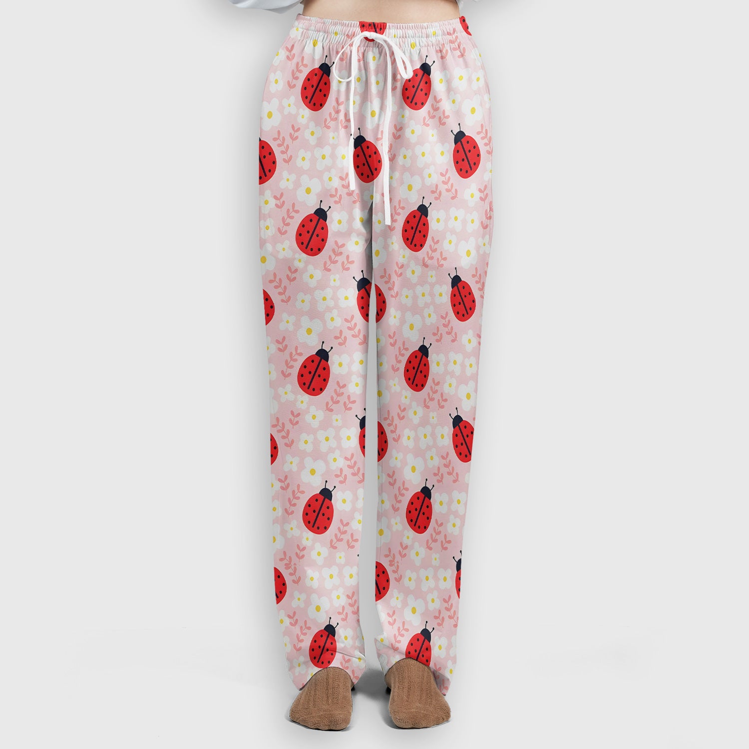Cute Ladybug Blossom Print Scrub Set, Scrub Pants and V Neck Top