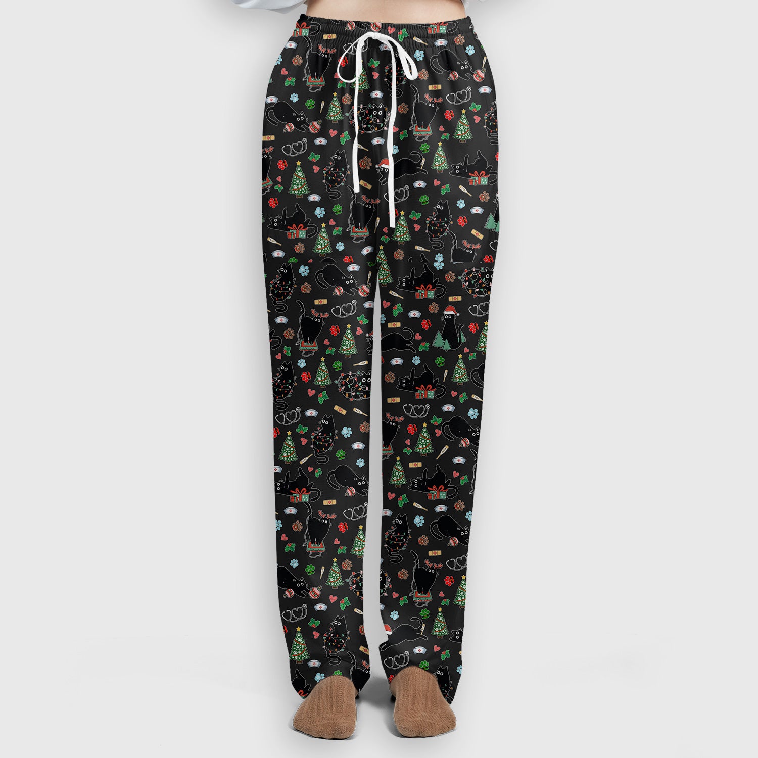 Black Cat Christmas Nurse Scrub Set, Festive Kitty Medical Uniform for Women