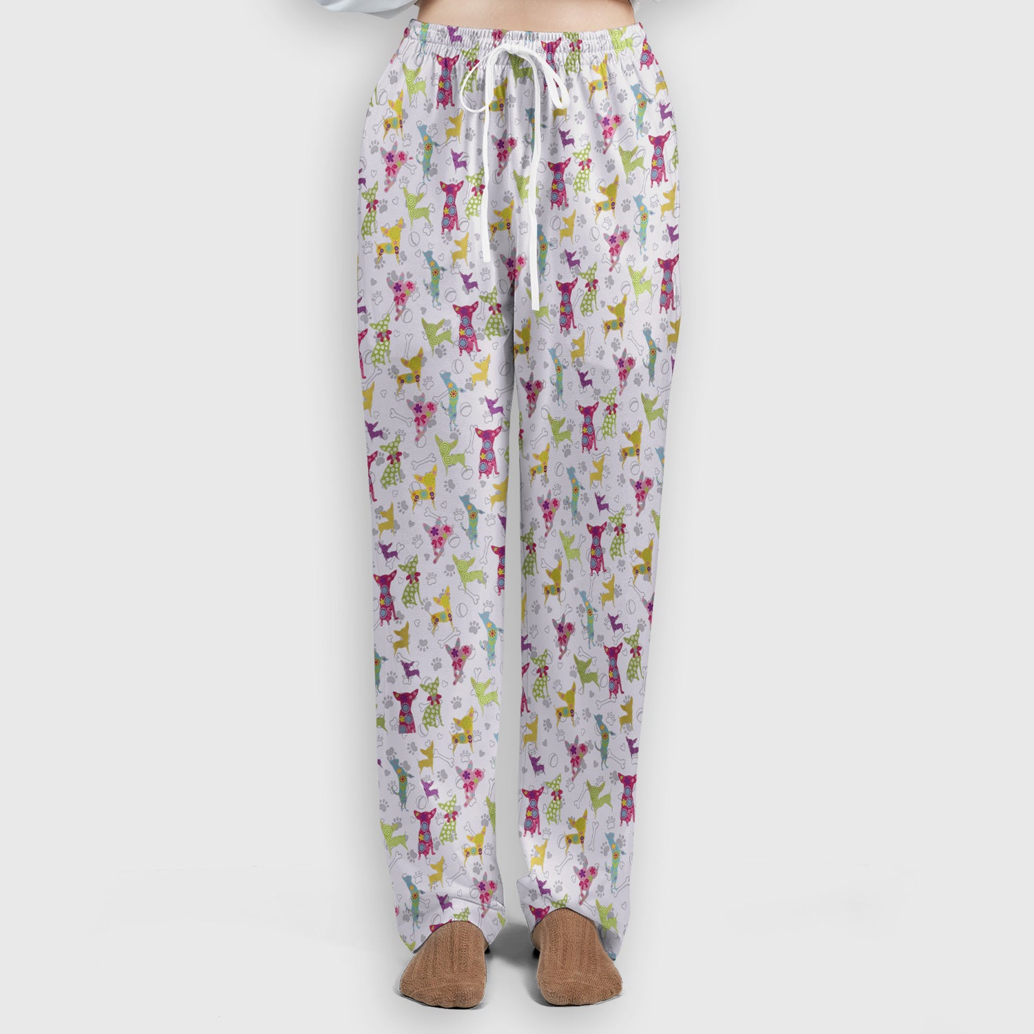 Colorful Playful Dog Print Nurse Scrub Set, Scrub Pants and V Neck Top