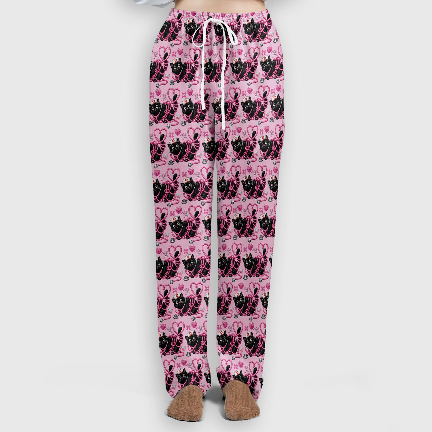 Valentine Cute Cat Nurse Heart Print Women's Scrub Set, Breathable Med Uniform
