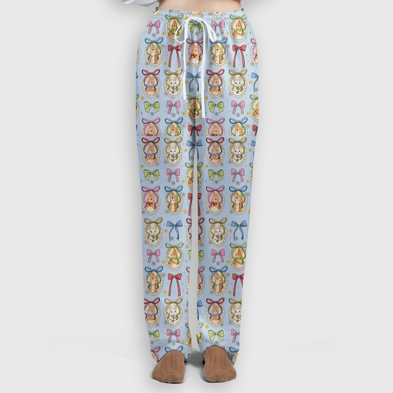 Cute Easter Bunny Cameo Colorful Bow Pattern Scrub Set, Breathable Med Uniform