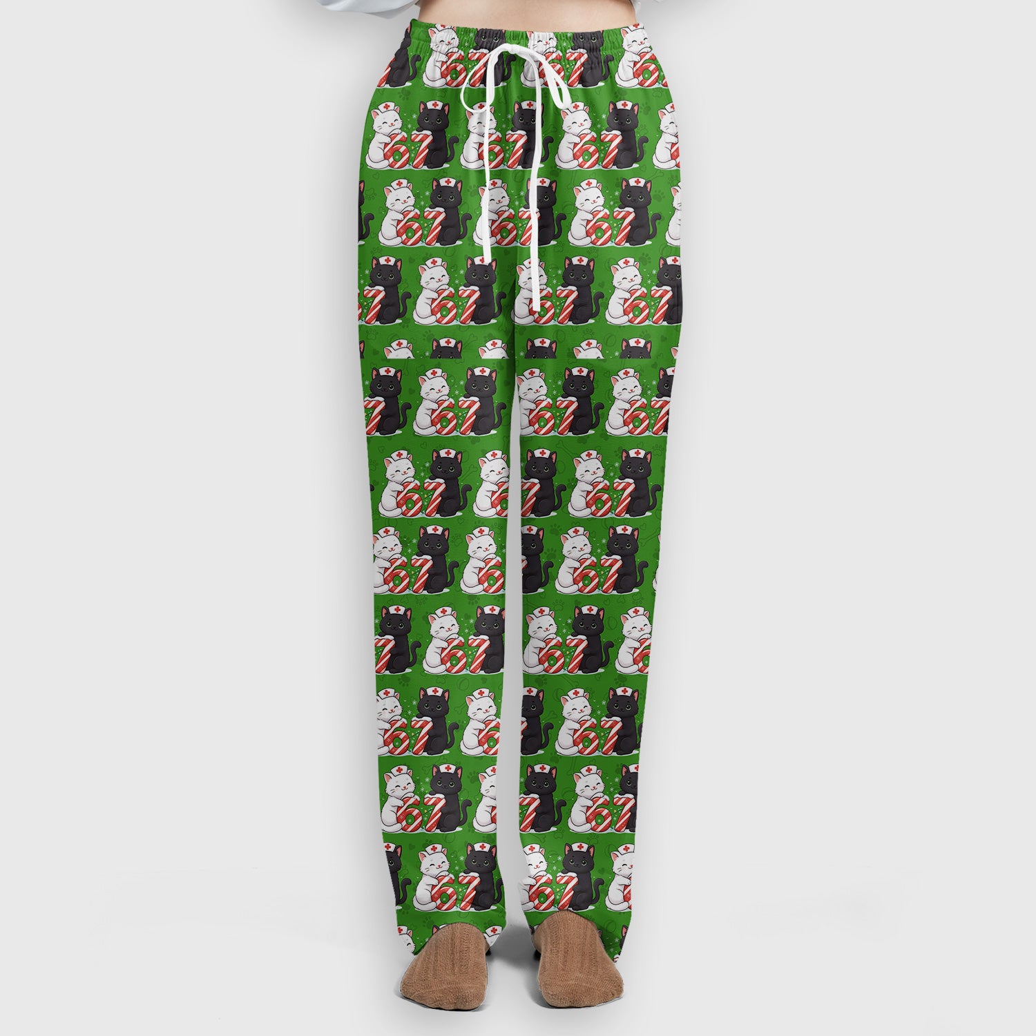 Xmas Cat Pattern Scrub Set, Christmas Nurse Six Seven With Cat Scrub Shirt, Breathable Fabrics Nursing Uniform