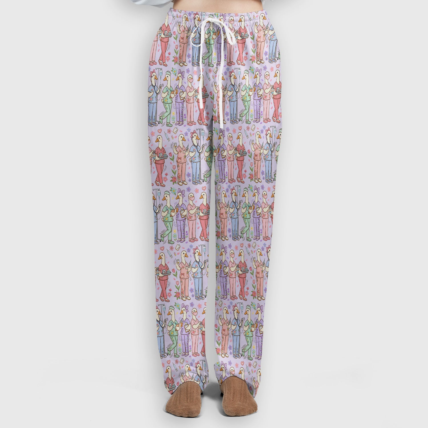 Goose Characters Floral Medical Team Uniform Pattern Scrub Set, Breathable Med Uniform