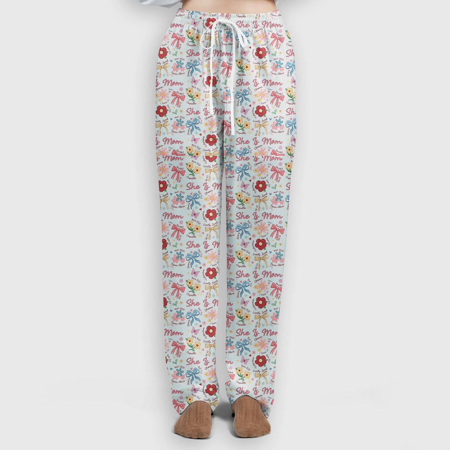 She Is Mom Flower Bow Pattern Scrub Set, Scrub Pants and V Neck Top