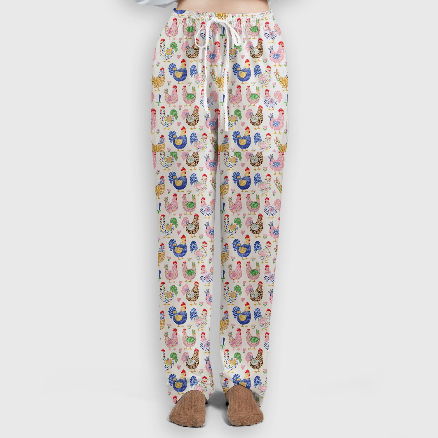 Colorful Chicken Farm Pattern Scrub Set, Scrub Pants and V Neck Top