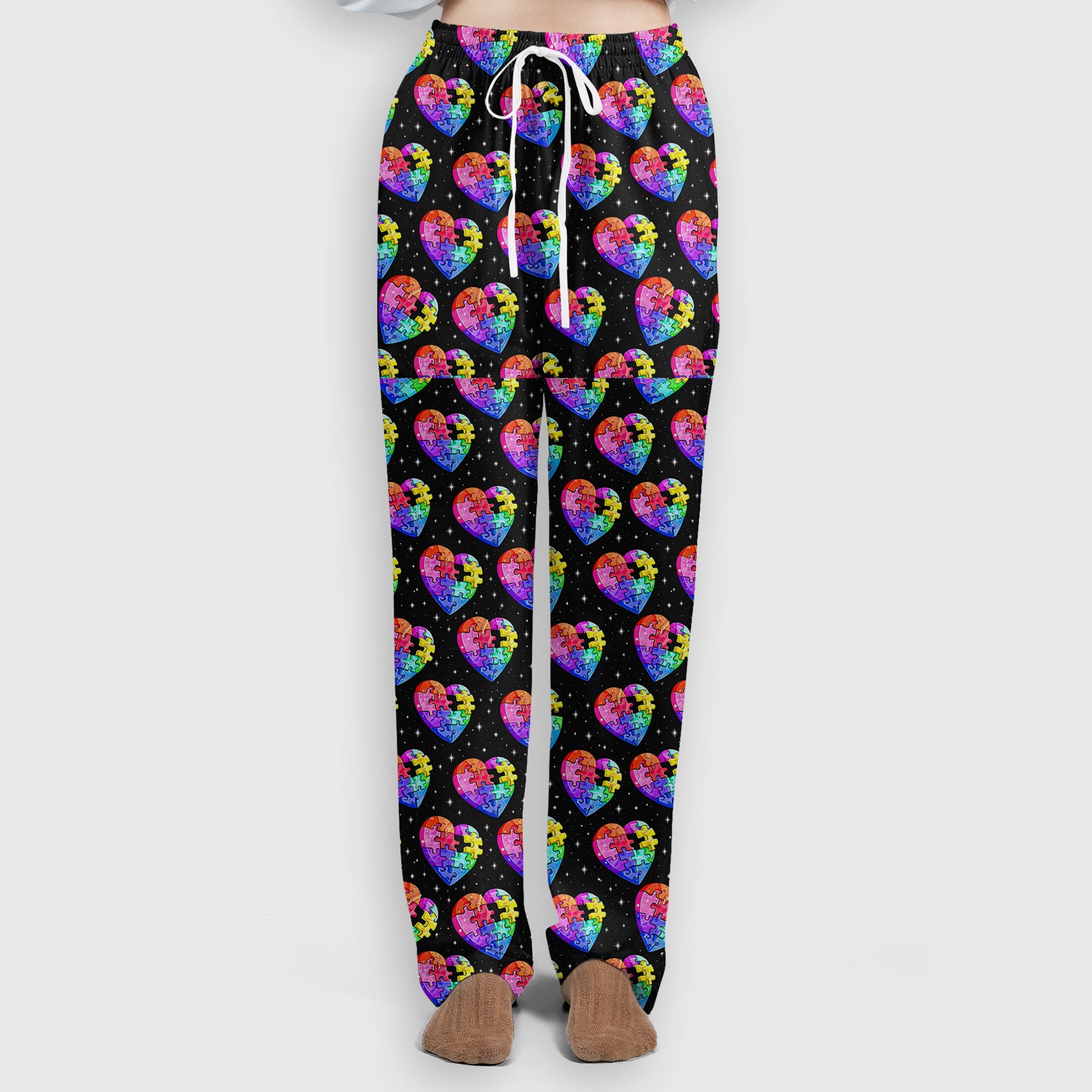 Rainbow Autism Puzzle Heart Starry Sky Print Scrub Set, Scrub Pants and V Neck Top