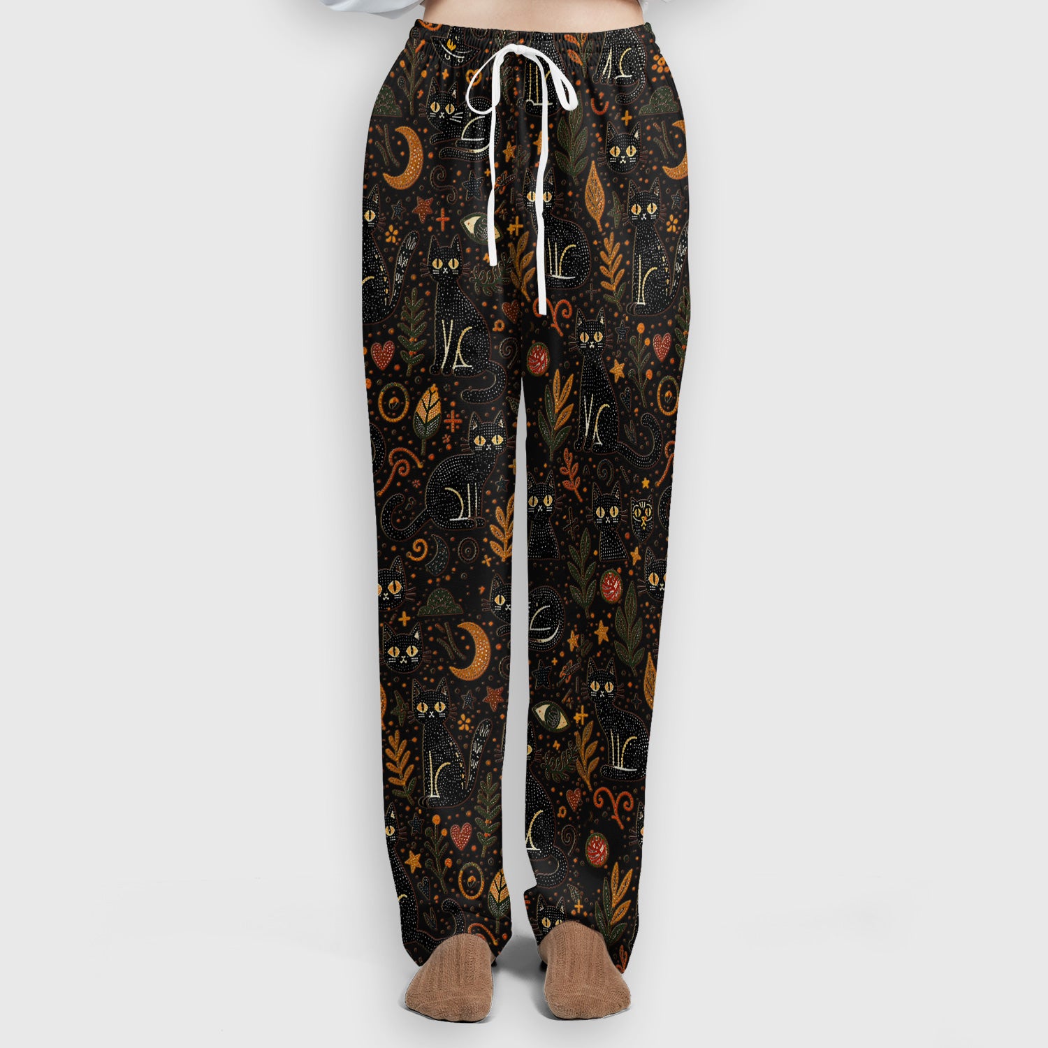 Mystic Black Cat Celestial Doodle Pattern Scrub Set, Scrub Pants and V Neck Top