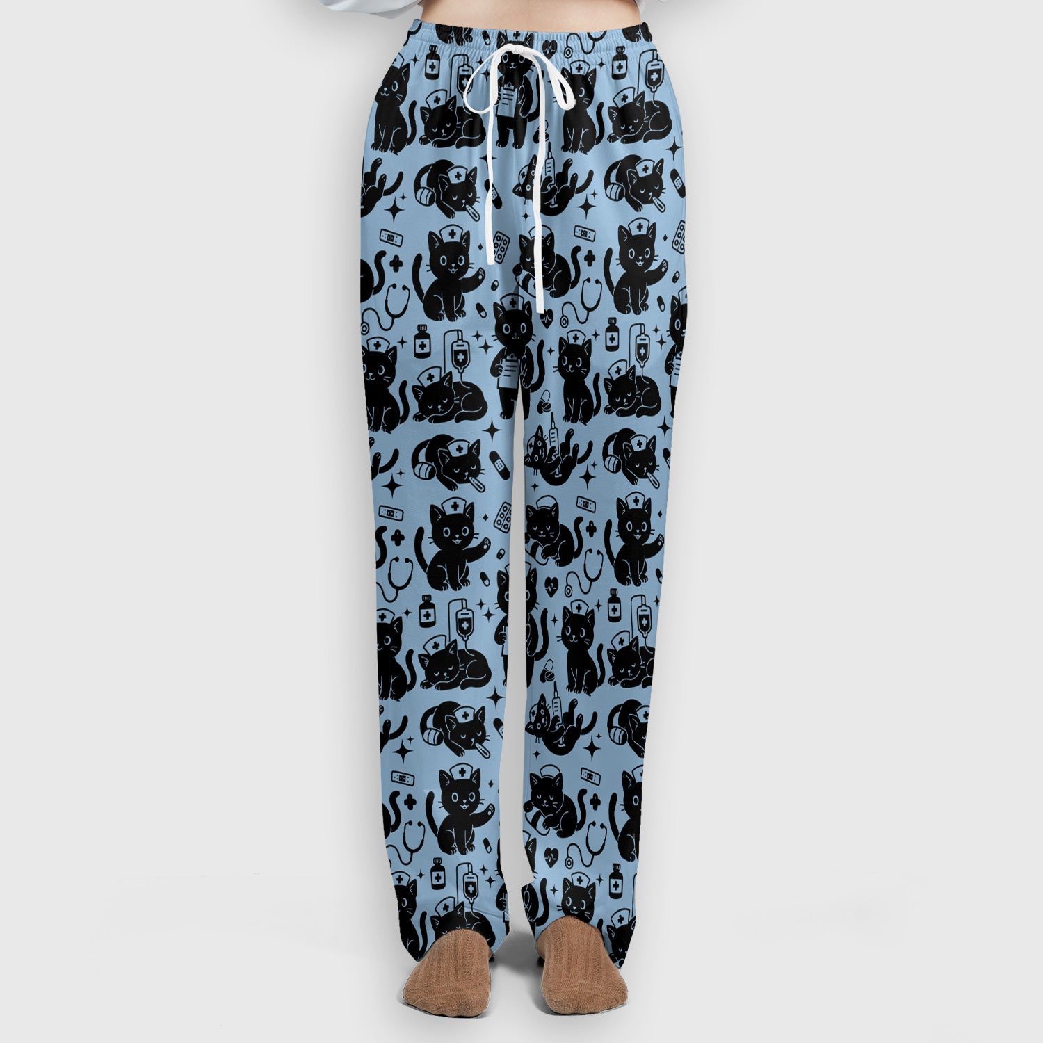 Cute Black Cat Nurse Pattern Scrub Set, Breathable Med Uniform