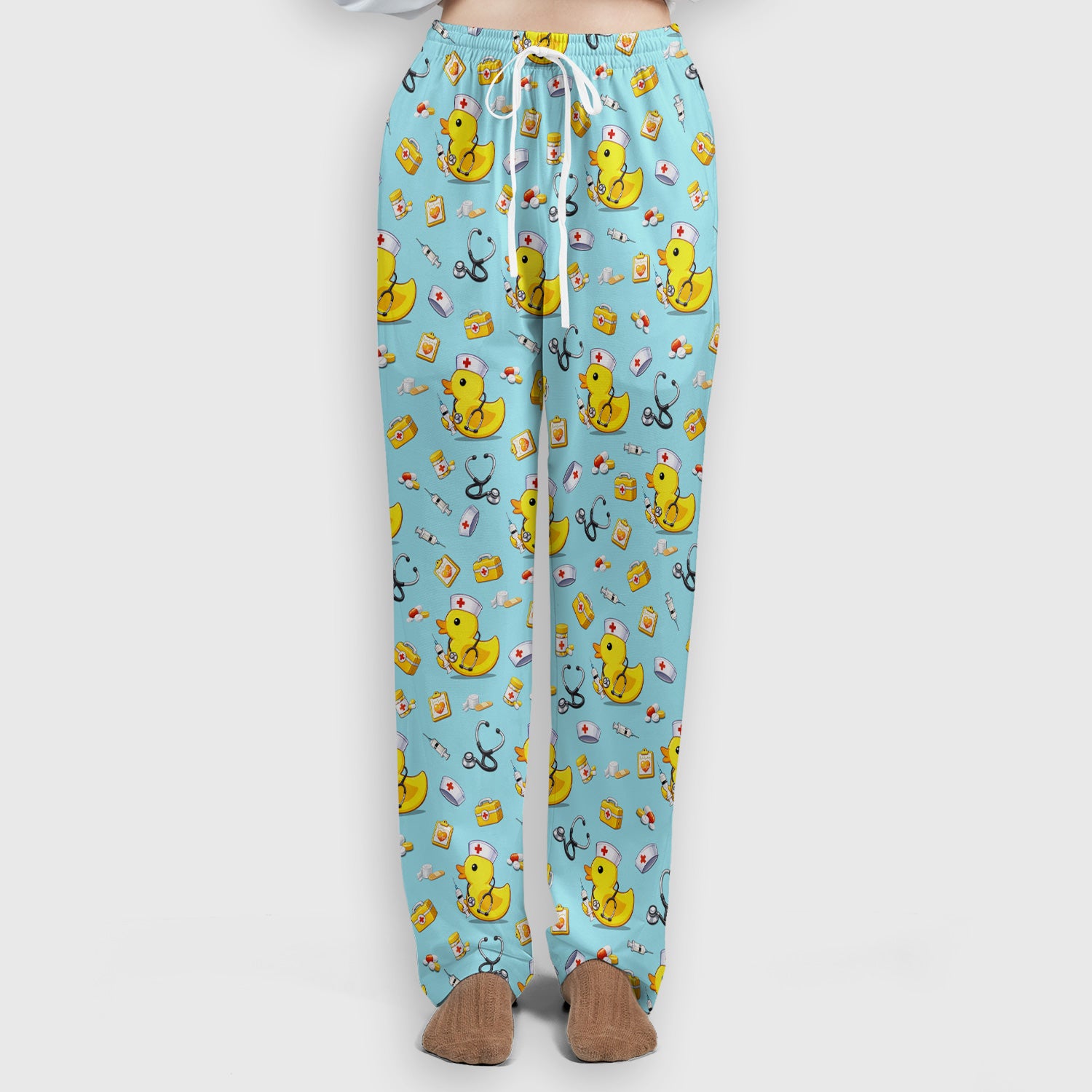 Playful Medical Duck Print Women's Scrub Set, Breathable Med Uniform