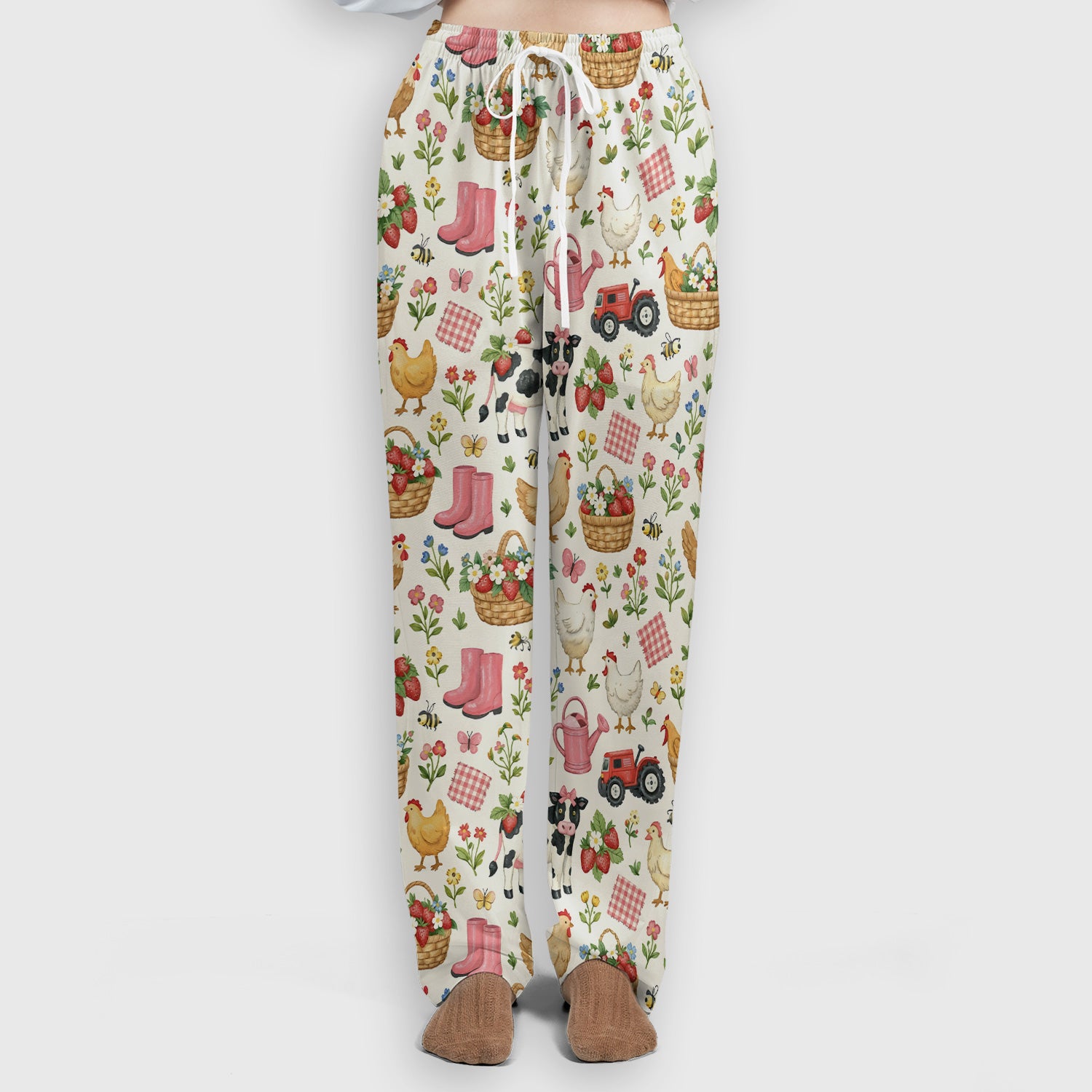 Whimsical Farm Animals Garden Pattern Scrub Set, Scrub Pants and V Neck Top