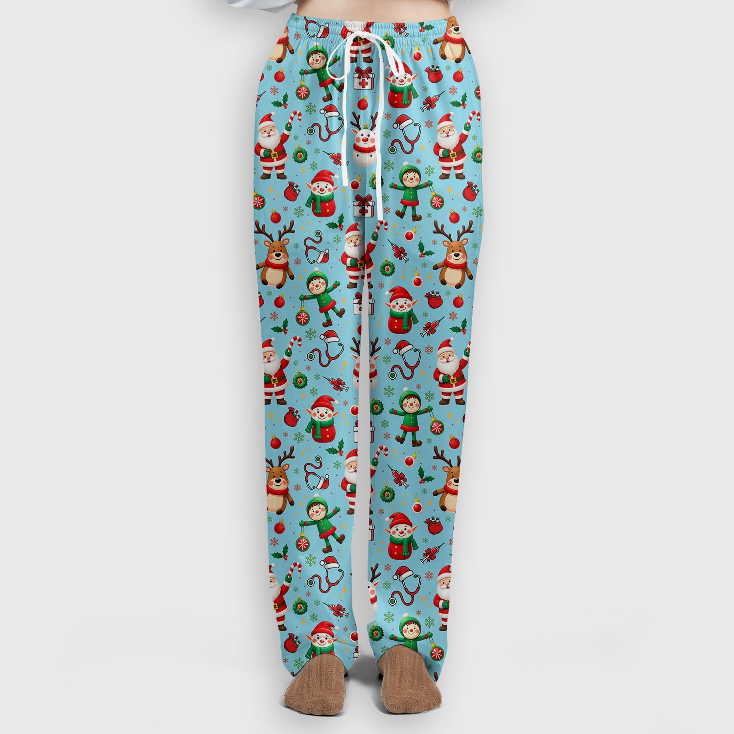 Santa Christmas Scrub Set - Cute Reindeer Scrubs Pants and V Neck Top - Festive Holiday Med Uniform for Women
