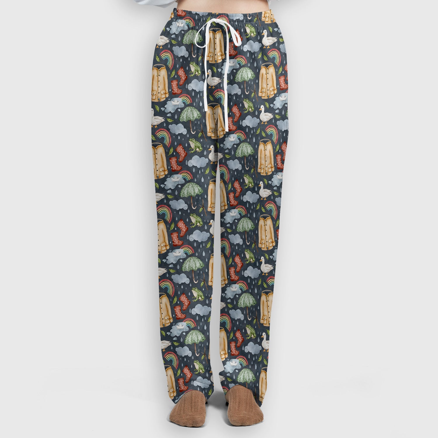 Cute Rainy Day Ducks & Frog Rainbow Pattern Scrub Set, Scrub Pants and V Neck Top