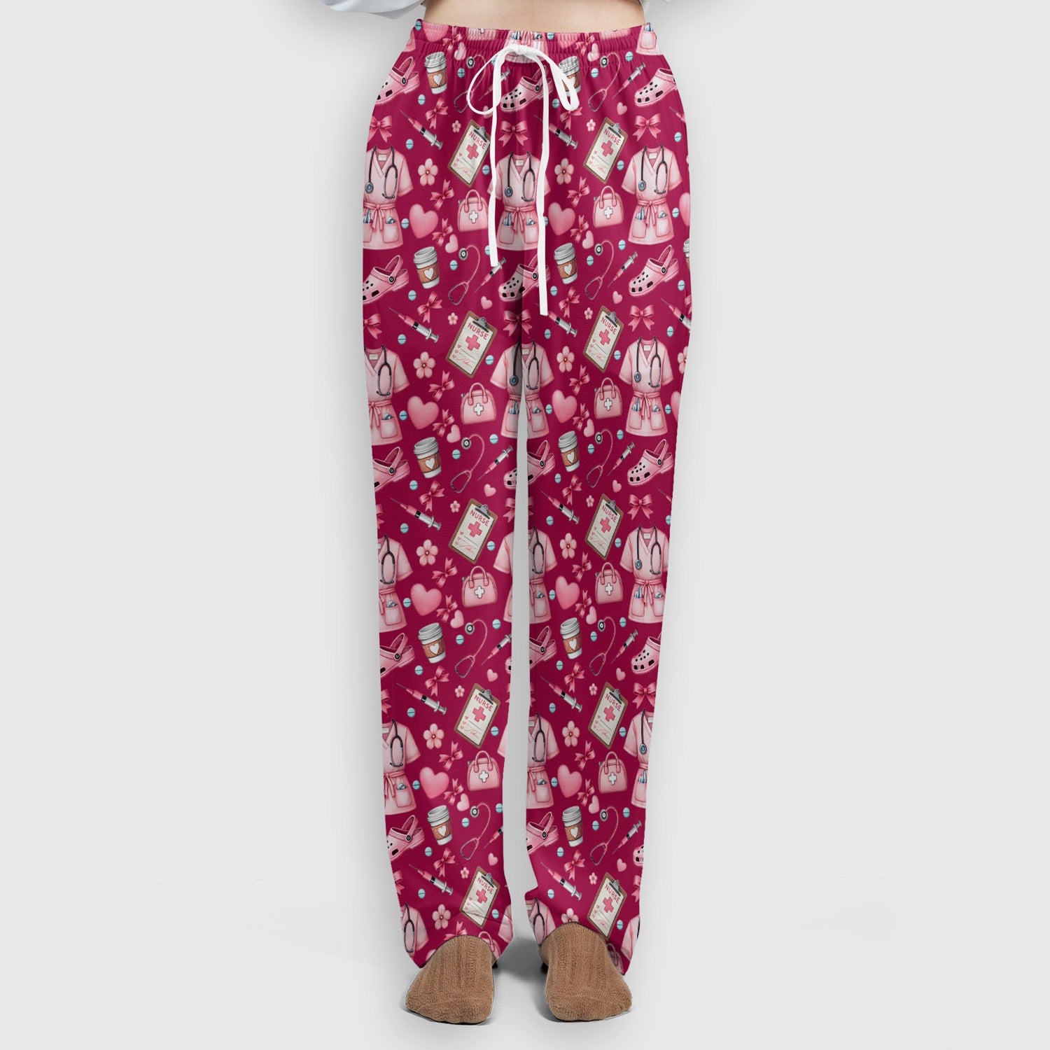 Valentine Pink Nurse Icons Print Women's Scrub Set, Breathable Med Uniform