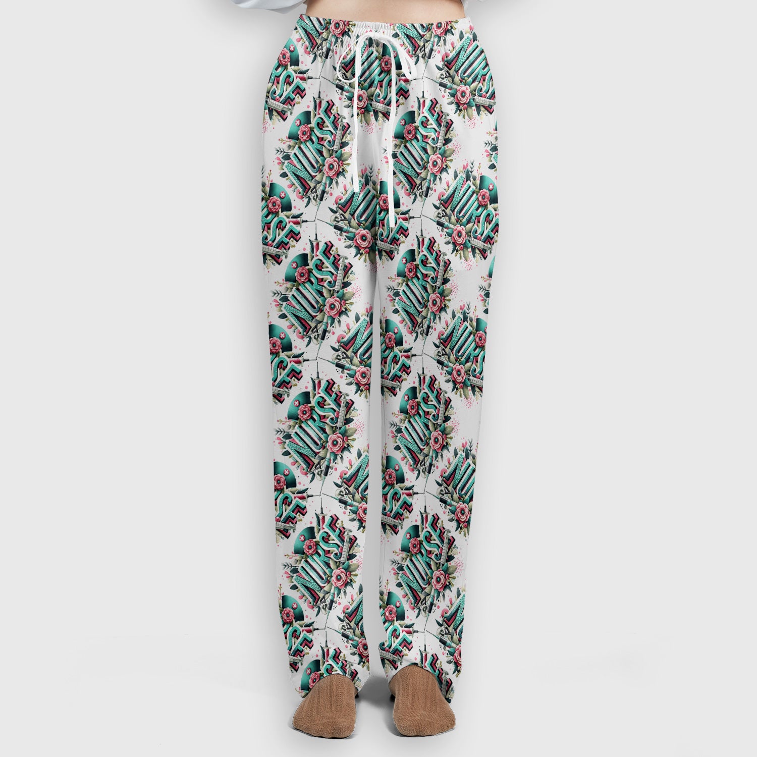Cute Nurse Typography Floral Medical Pattern Scrub Set, Scrub Pants and V Neck Top