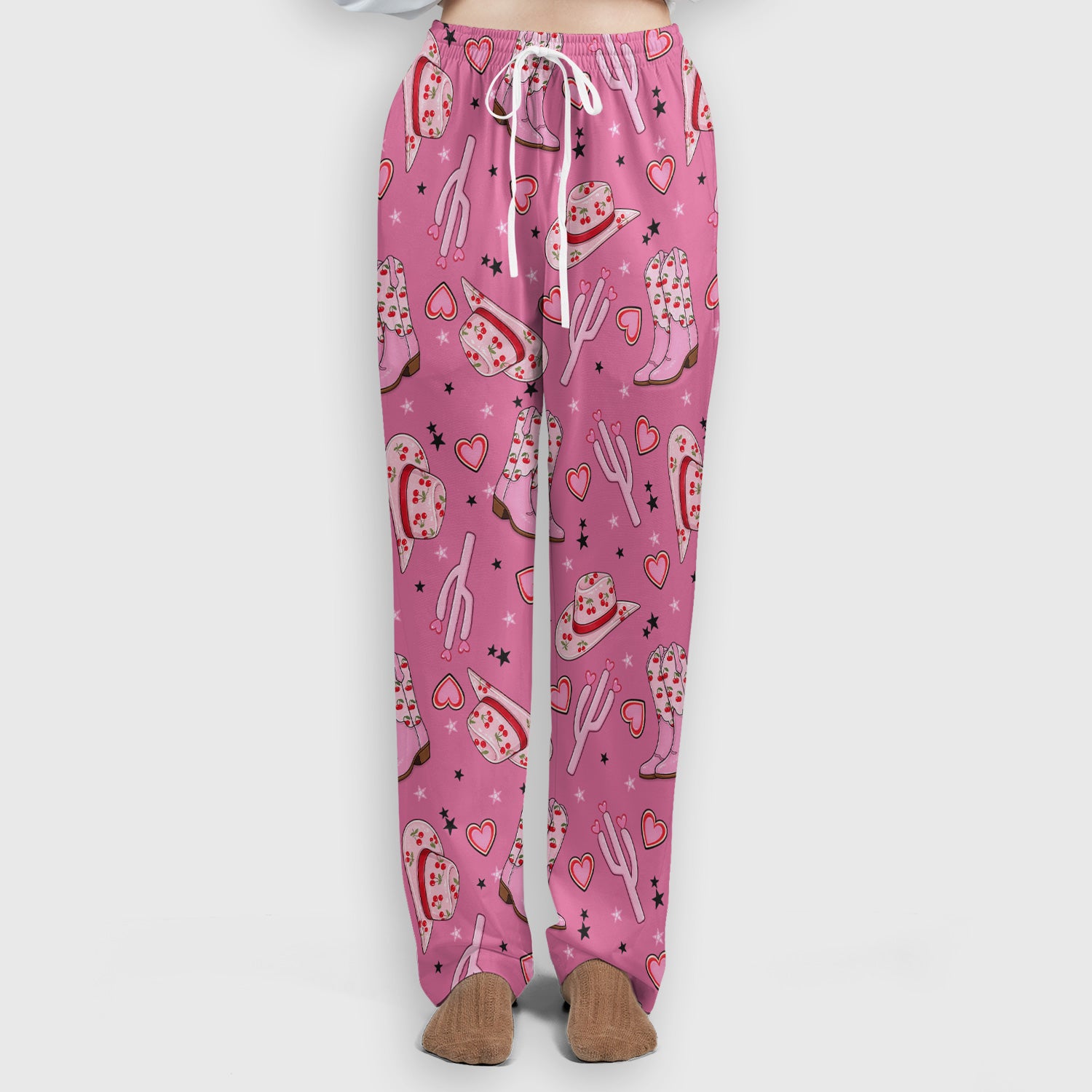 Pink Cowgirl Western Boots Hat Pattern Scrub Set, Scrub Pants and V Neck Top