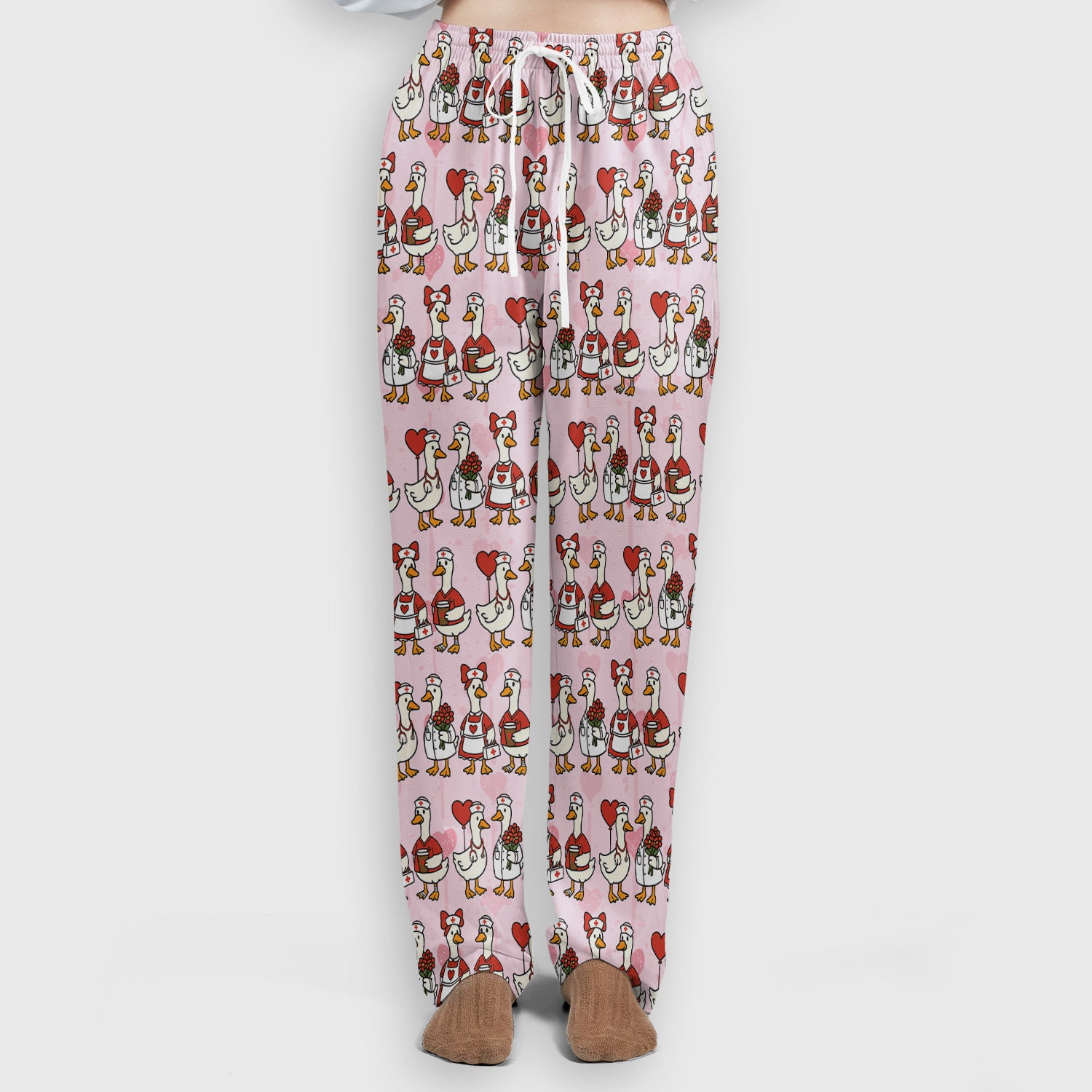 Valentine Nurse Goose with Heart Pattern Scrub Set, Scrub Pants and V Neck Top