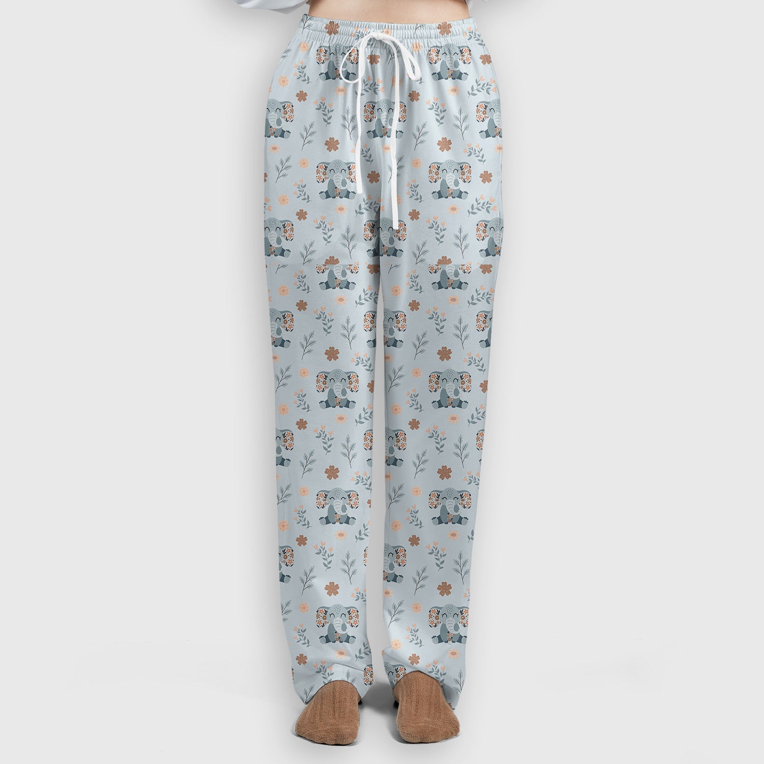 Cute Elephant Floral Print Scrub Set, Scrub Pants and V Neck Top